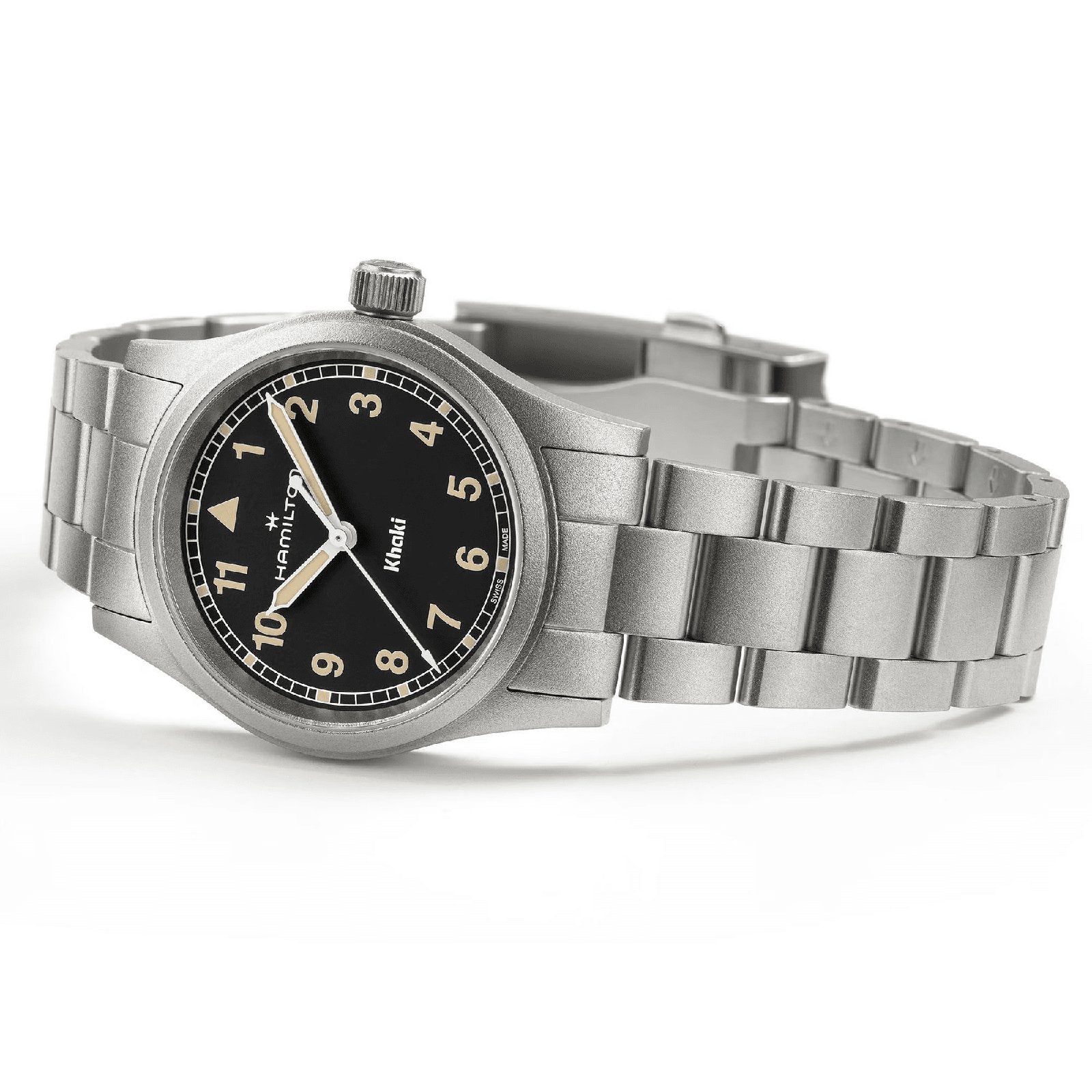 The Hamilton Khaki Field Quartz 33mm wristwatch features a black dial with Arabic numerals, a stainless steel bracelet, and is designed for durability—perfect for exploration and shown here on a white background.