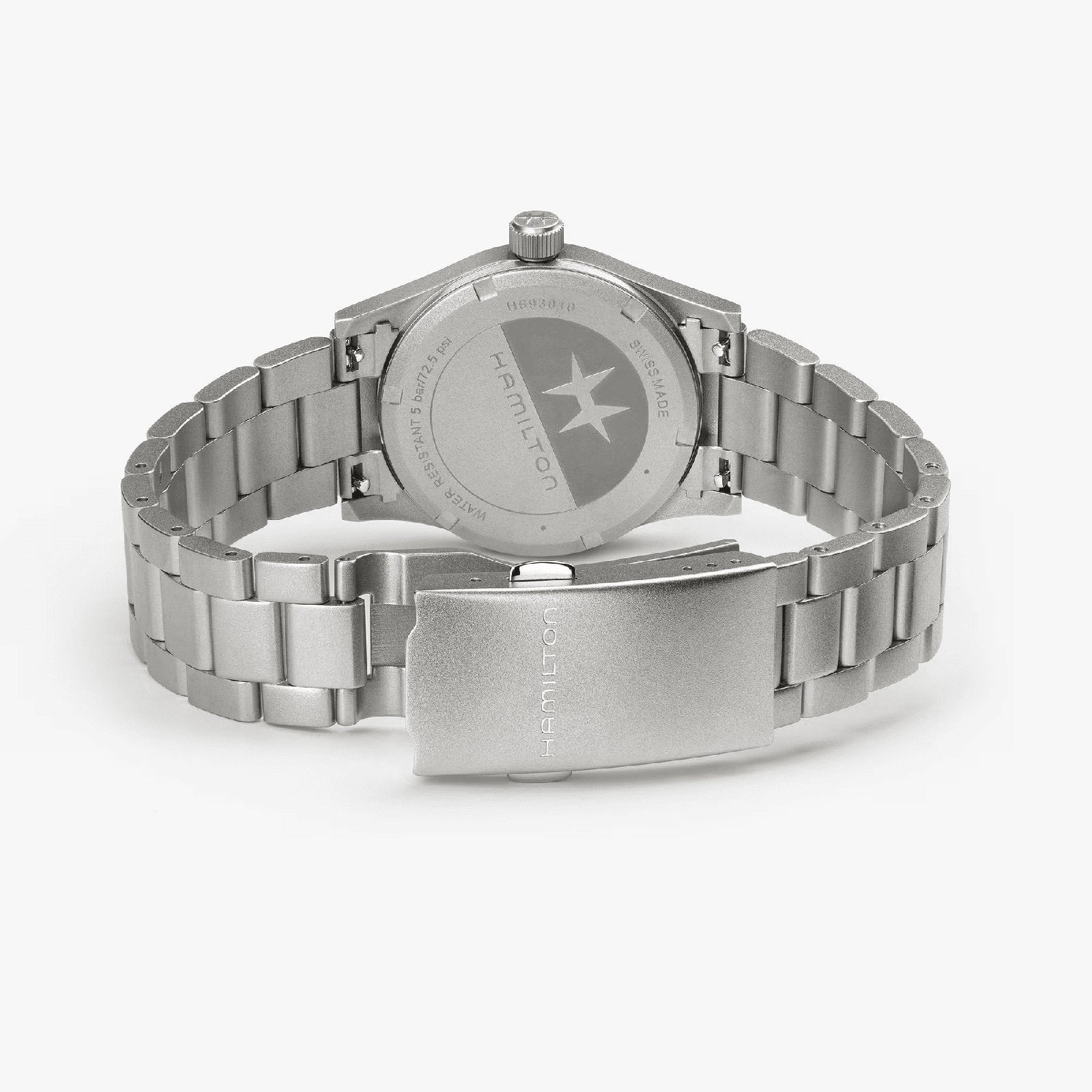 The back view of the Hamilton Khaki Field Quartz 33mm showcases its stainless steel case, engraved logo, and metal link bracelet with an open clasp—an adventure-ready watch.