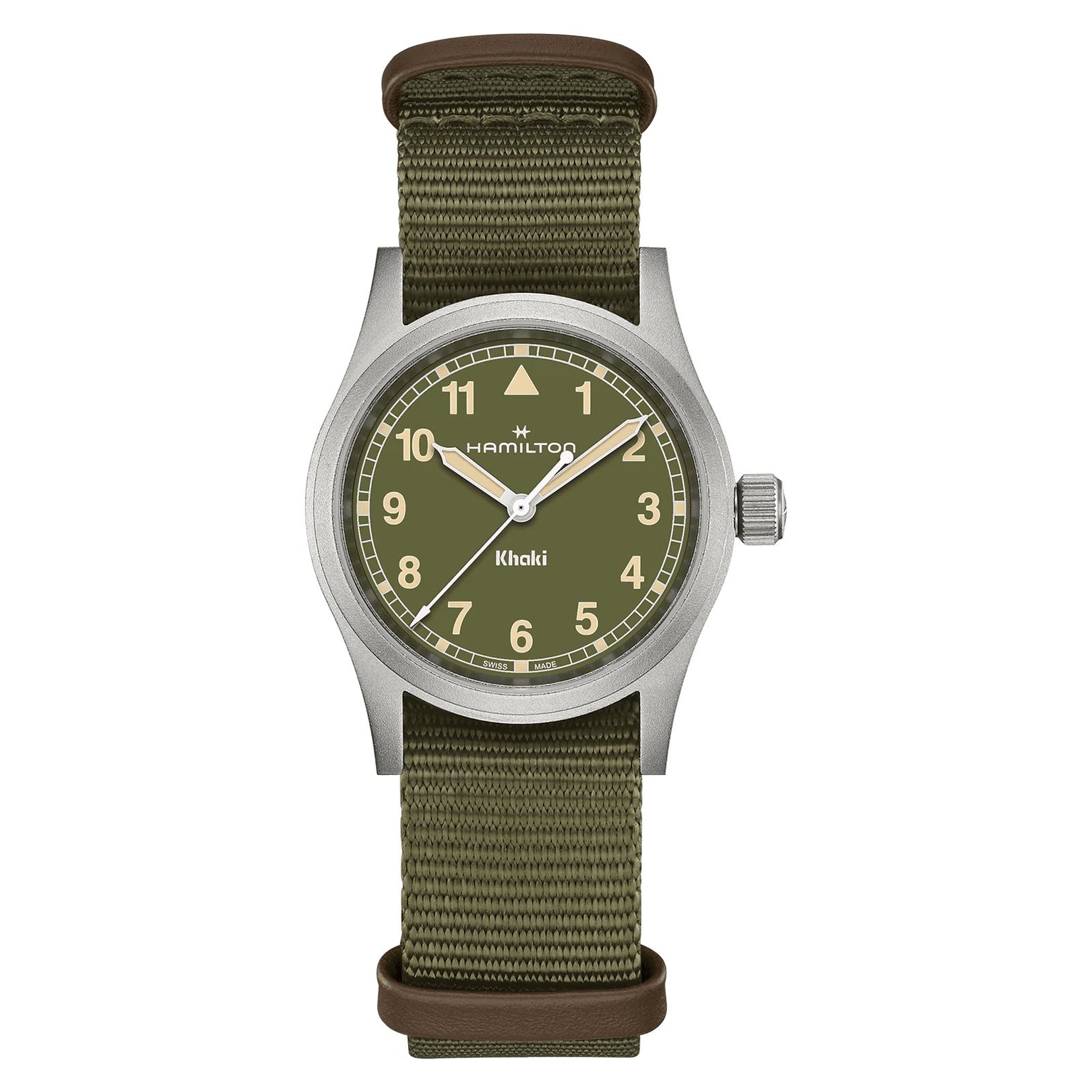 The Hamilton Khaki Field Quartz 33mm wristwatch features an olive green dial with white numerals and an olive fabric strap, reflecting its military heritage, set against a plain white background.