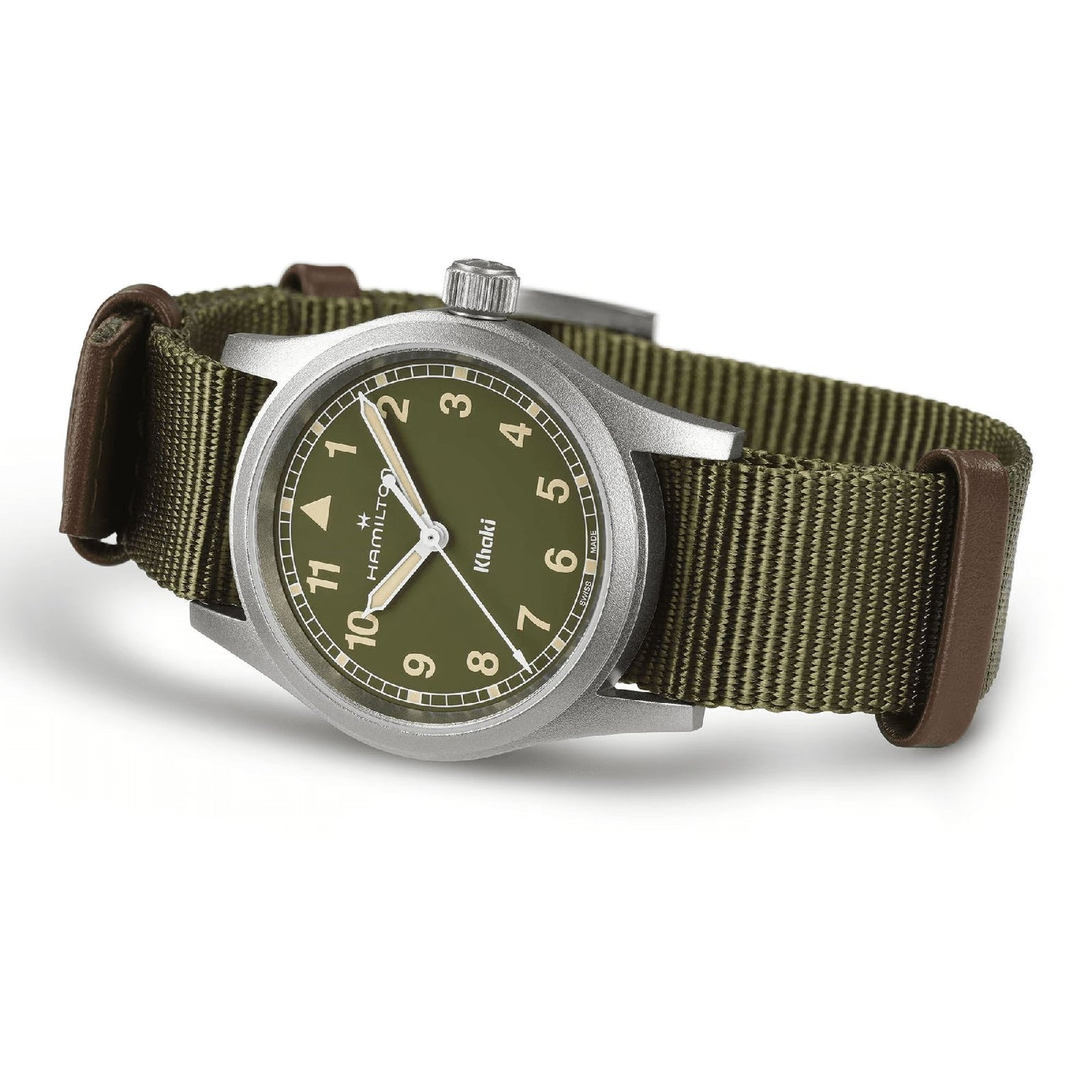 The Hamilton Khaki Field Quartz 33mm showcases an olive green dial, white numerals, and a green nylon strap with brown leather accents, embodying the brand’s military heritage and robust design.