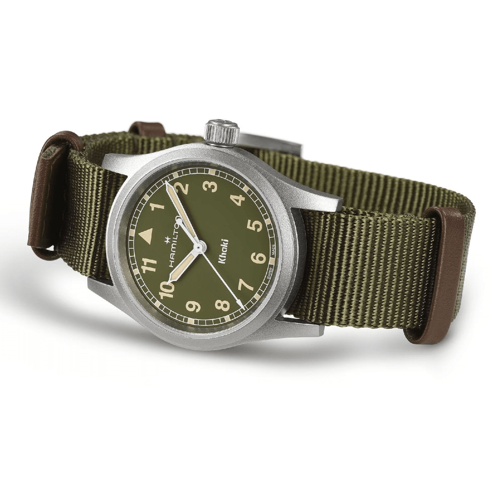 The Hamilton Khaki Field Quartz 33mm showcases an olive green dial, white numerals, and a green nylon strap with brown leather accents, embodying the brand’s military heritage and robust design.