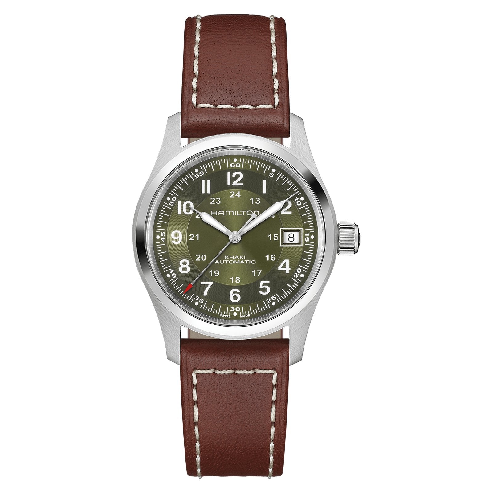 The Hamilton Khaki Field Auto 38mm features a green dial with white numerals, date window at 3 o’clock, silver case, and brown leather strap with white stitching, showcasing classic military style and an automatic movement.