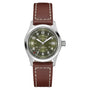 The Hamilton Khaki Field Auto 38mm features a green dial with white numerals, date window at 3 o’clock, silver case, and brown leather strap with white stitching, showcasing classic military style and an automatic movement.