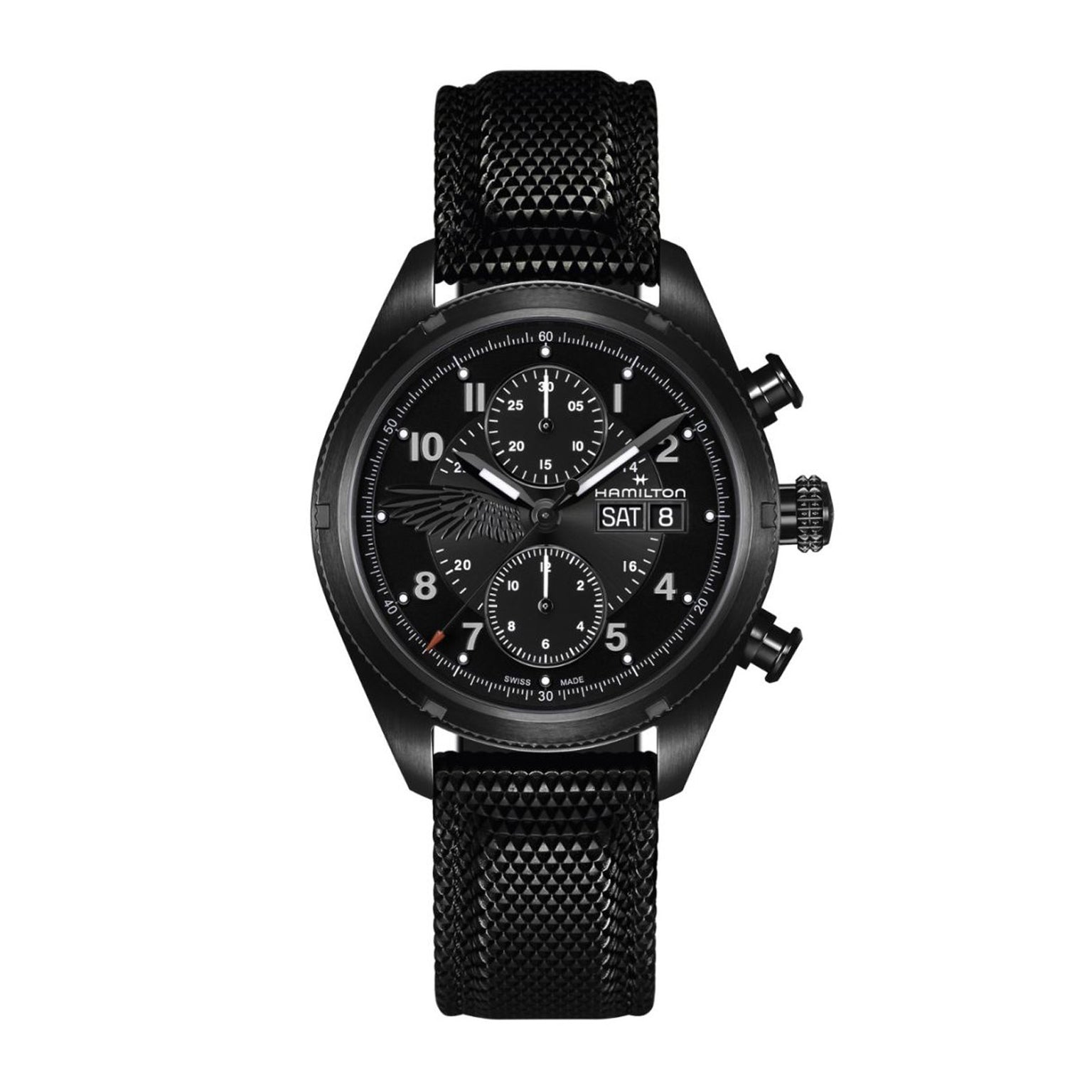 Black wristwatch with detailed face on a white background