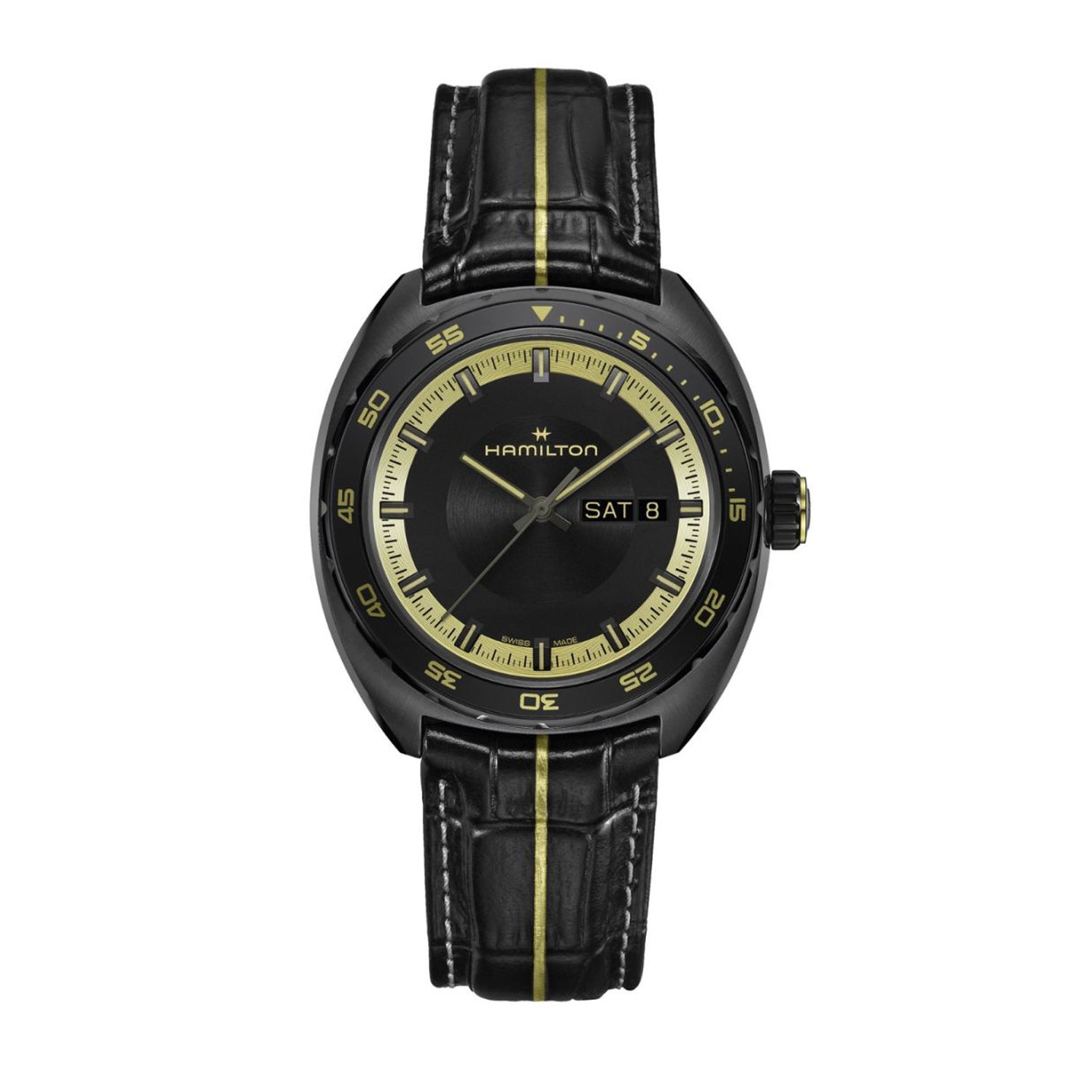 Black Hamilton watch with yellow accents on a white background