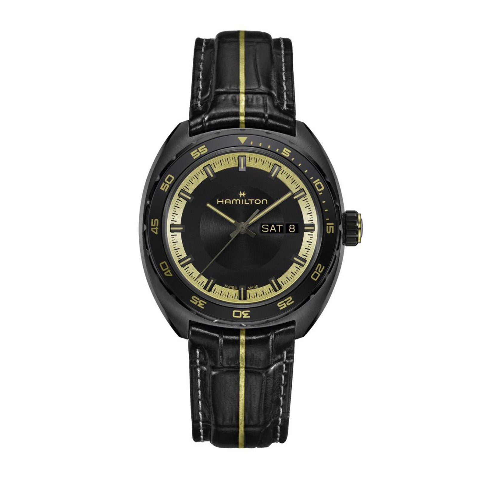 Black Hamilton watch with yellow accents on a white background