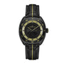 Black Hamilton watch with yellow accents on a white background