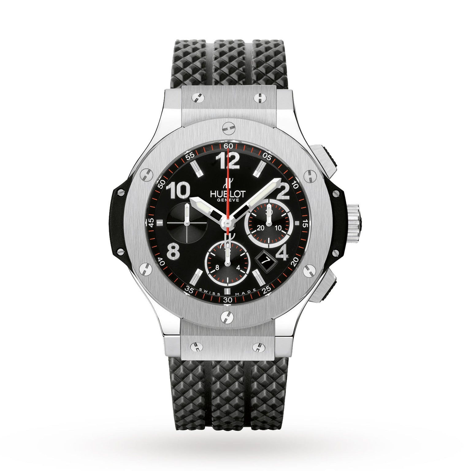 The Hublot Big Bang Original Steel wristwatch features a black dial with three subdials, chronograph movement, a silver bezel with screws, and a textured black rubber strap, highlighting its sporty design on a white background.