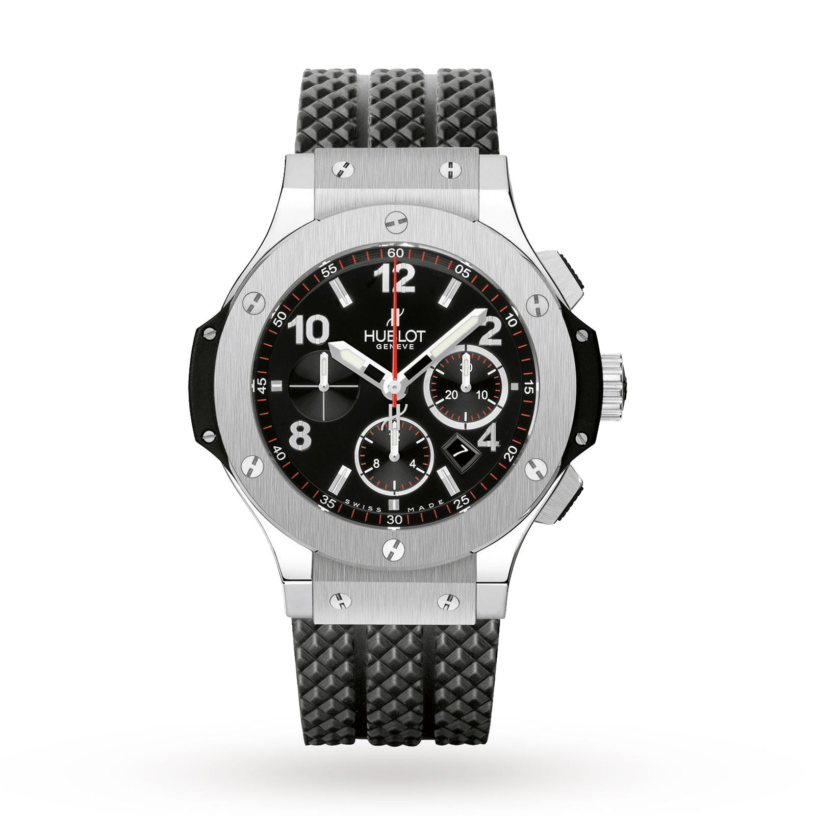 The Hublot Big Bang Original Steel wristwatch features a black dial with three subdials, chronograph movement, a silver bezel with screws, and a textured black rubber strap, highlighting its sporty design on a white background.