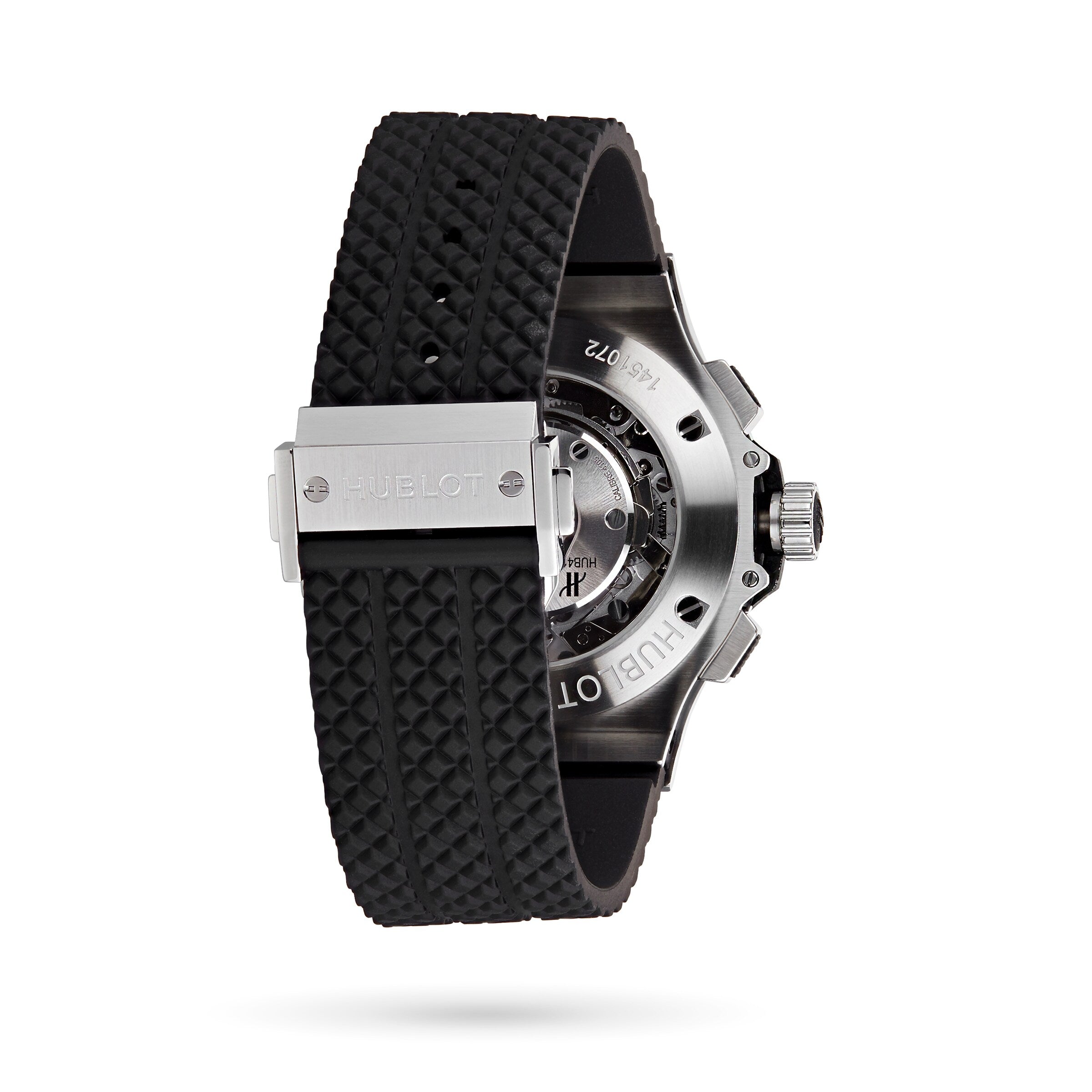 Back view of a Hublot Big Bang Original Steel Ceramic, featuring a black textured rubber strap, stainless steel clasp engraved with Hublot, high-tech materials, and visible inner workings through the transparent case back.