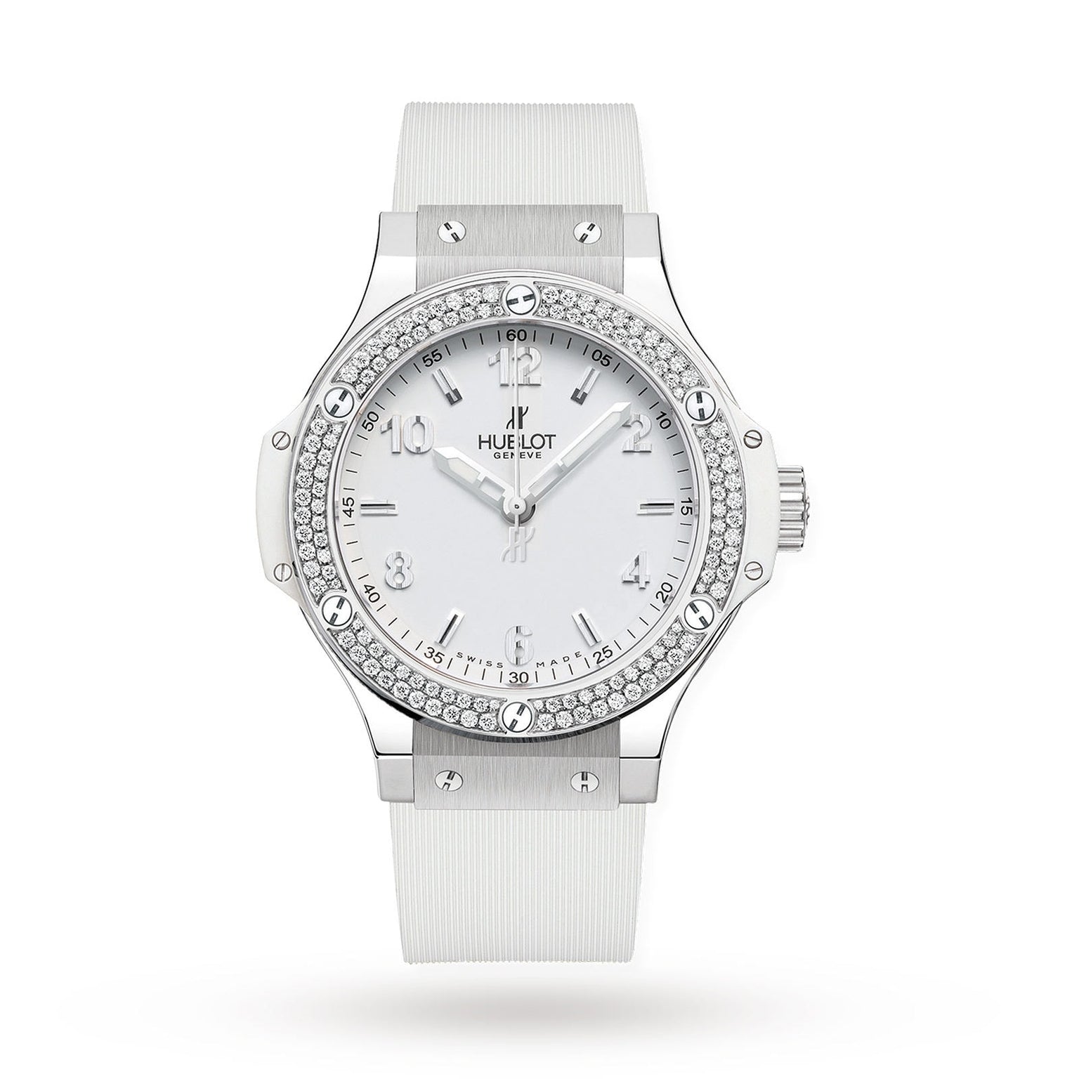 The Hublot Big Bang Steel White Diamonds wristwatch features a white strap, stainless steel bezel set with 126 diamonds, silver hour markers, and three hands, displayed against a plain white background.