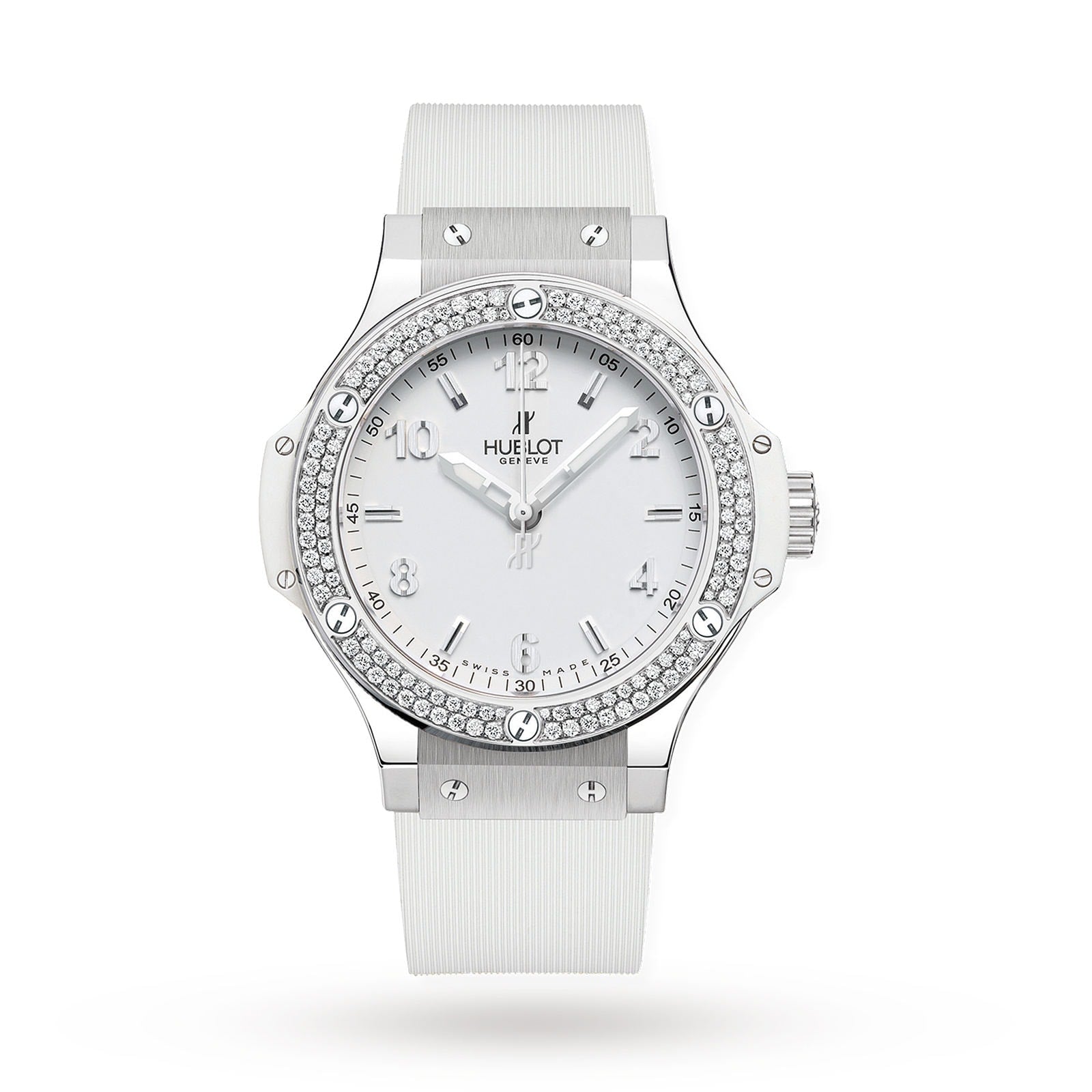 The Hublot Big Bang Steel White Diamonds wristwatch features a white strap, stainless steel bezel set with 126 diamonds, silver hour markers, and three hands, displayed against a plain white background.