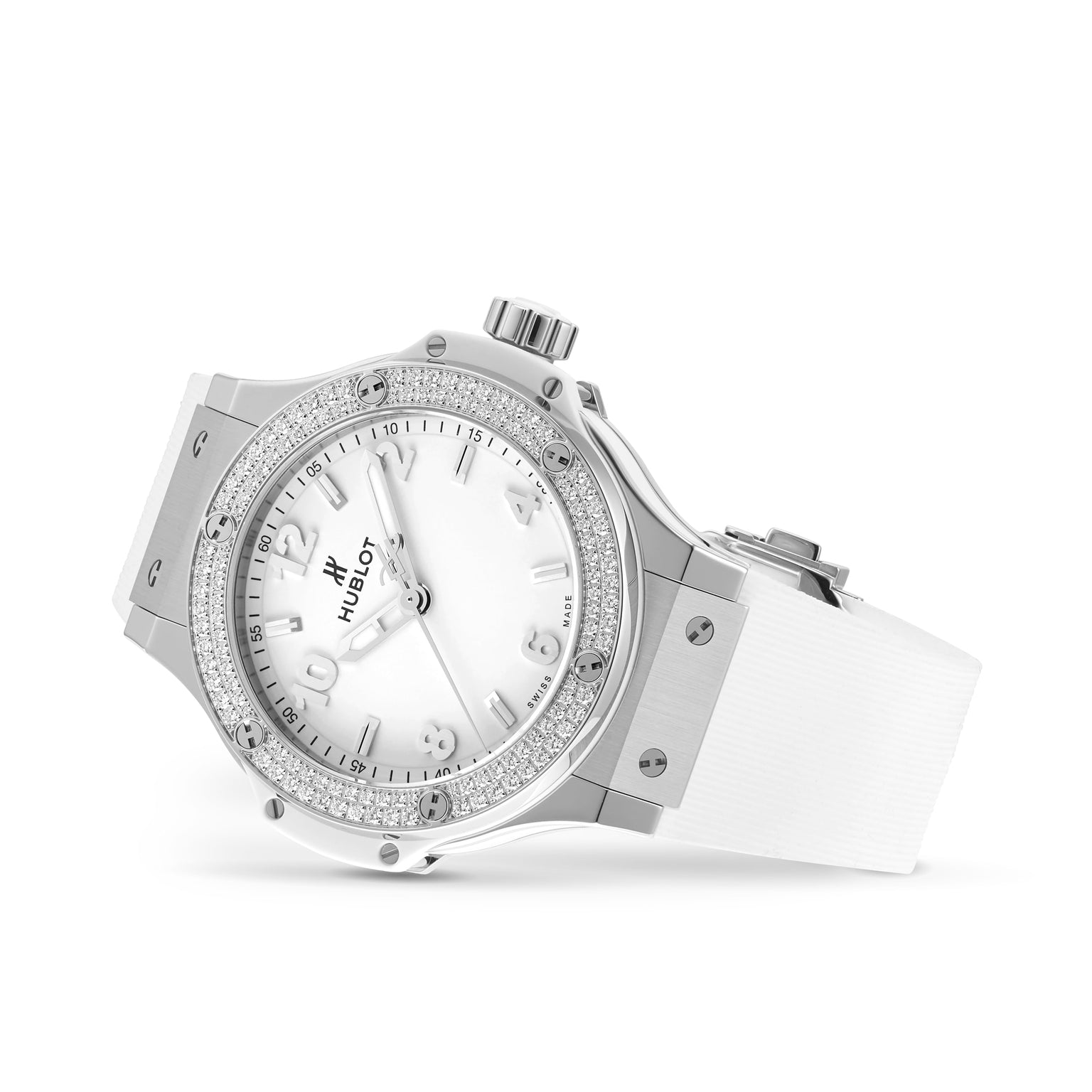 The Hublot Big Bang Steel White Diamonds features a white strap, stainless steel bezel with 126 diamonds, and a white dial with silver markers and hands.