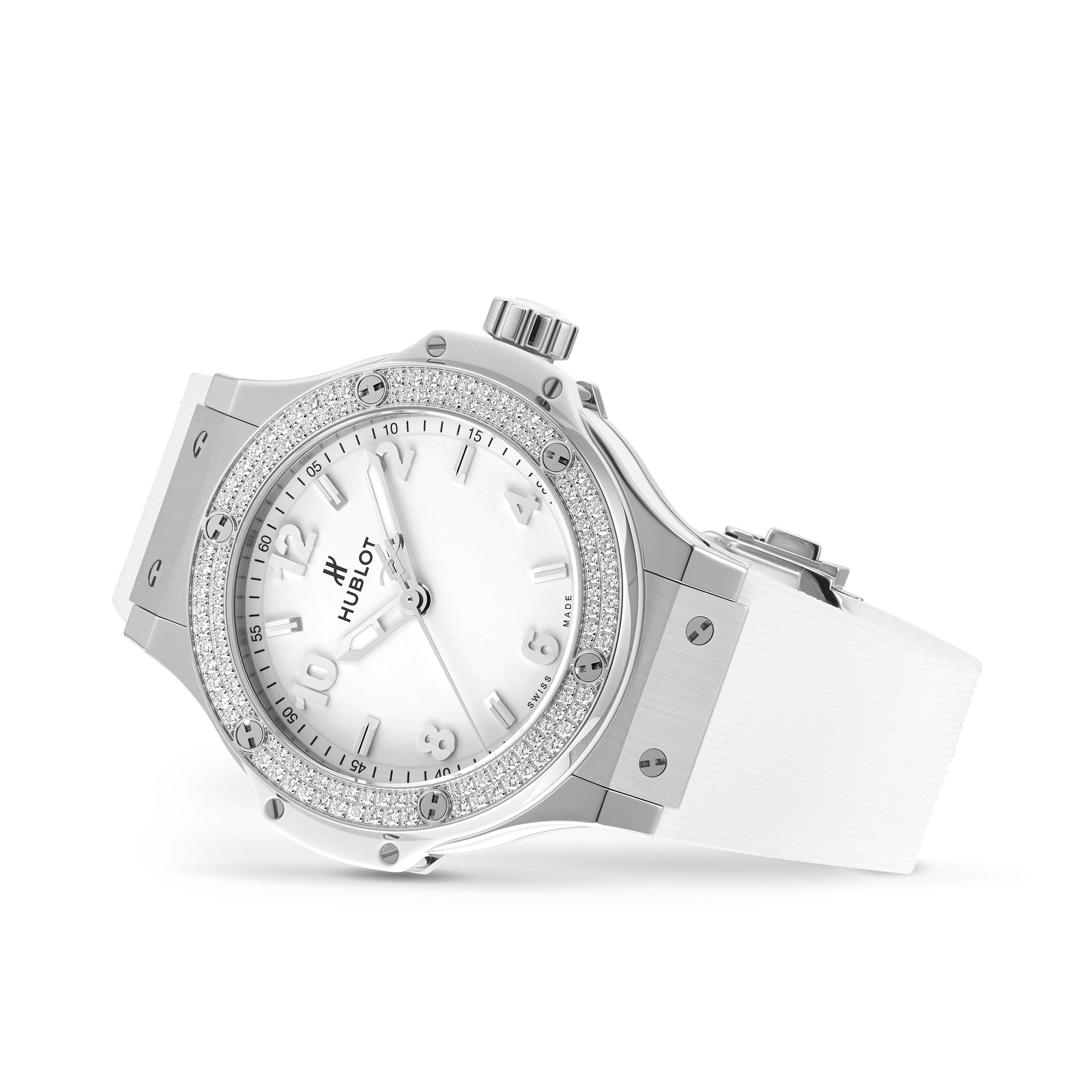 The Hublot Big Bang Steel White Diamonds features a white strap, stainless steel bezel with 126 diamonds, and a white dial with silver markers and hands.