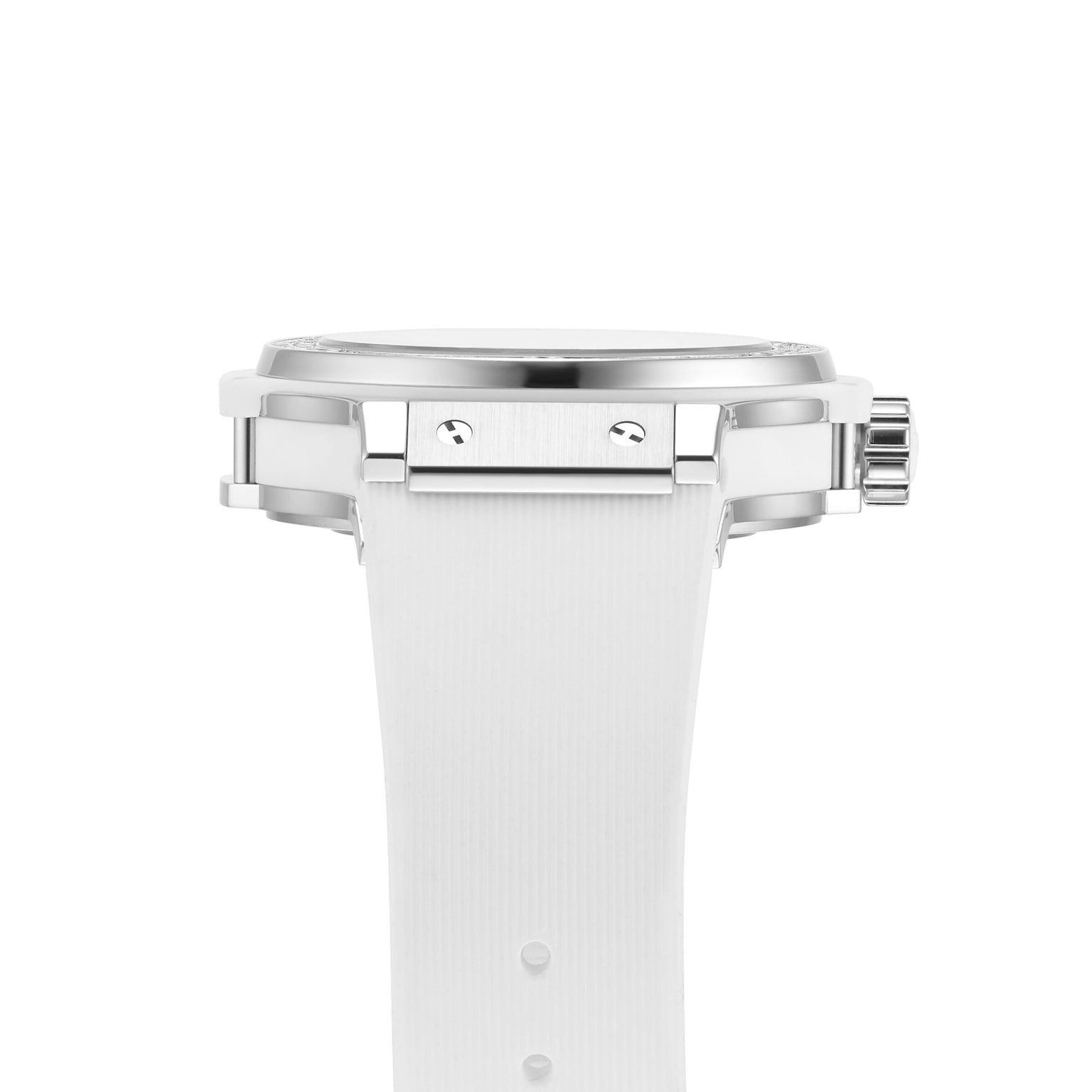 Profile view of the Hublot Big Bang Steel White Diamonds watch with a stainless steel bezel, white strap, visible crown and screws, and 126 sparkling diamonds on its elegant case.