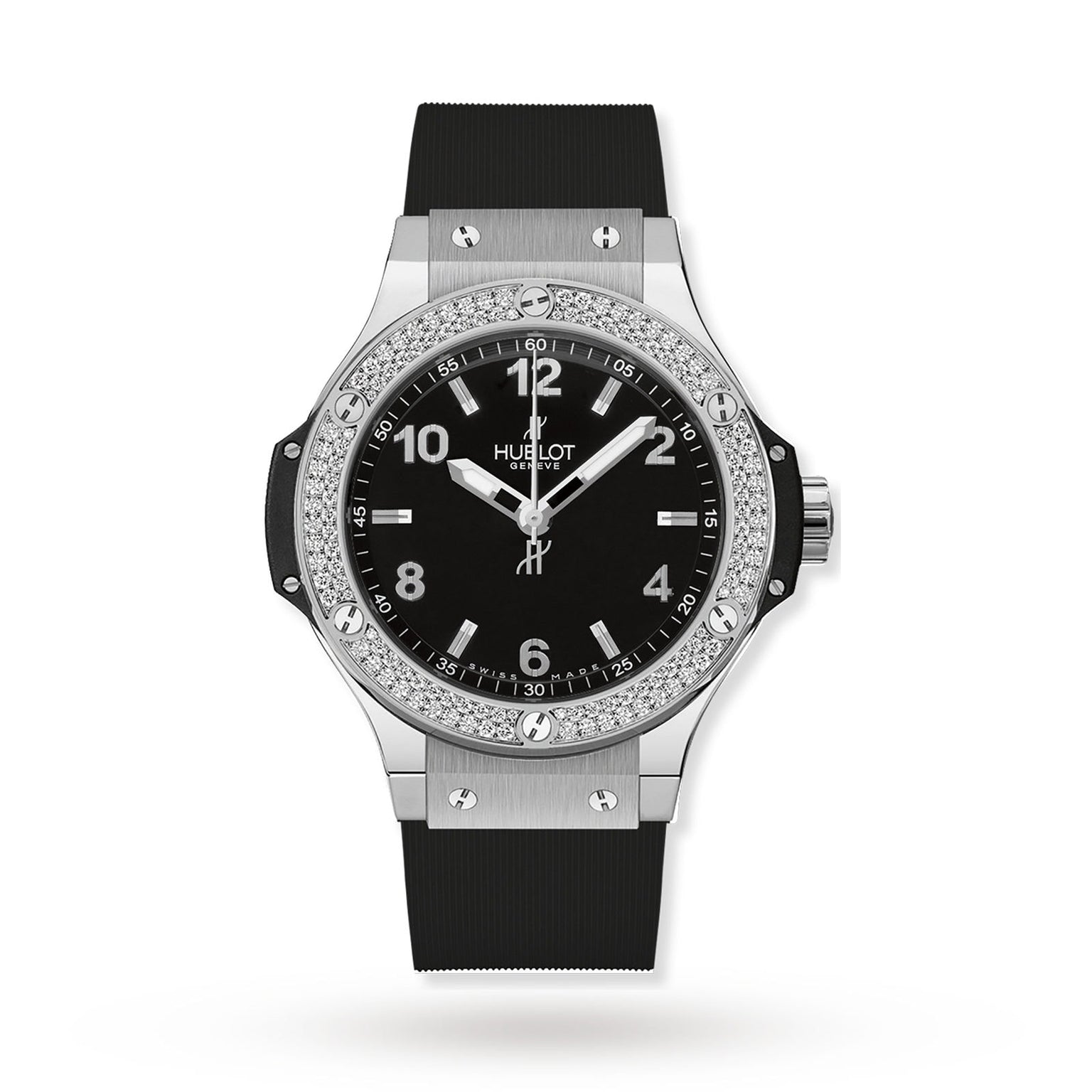 A Hublot Big Bang Steel Diamonds wristwatch featuring a diamond-studded bezel, stainless steel case, black dial with white hour markers, and a black rubber strap, shown against a white background.