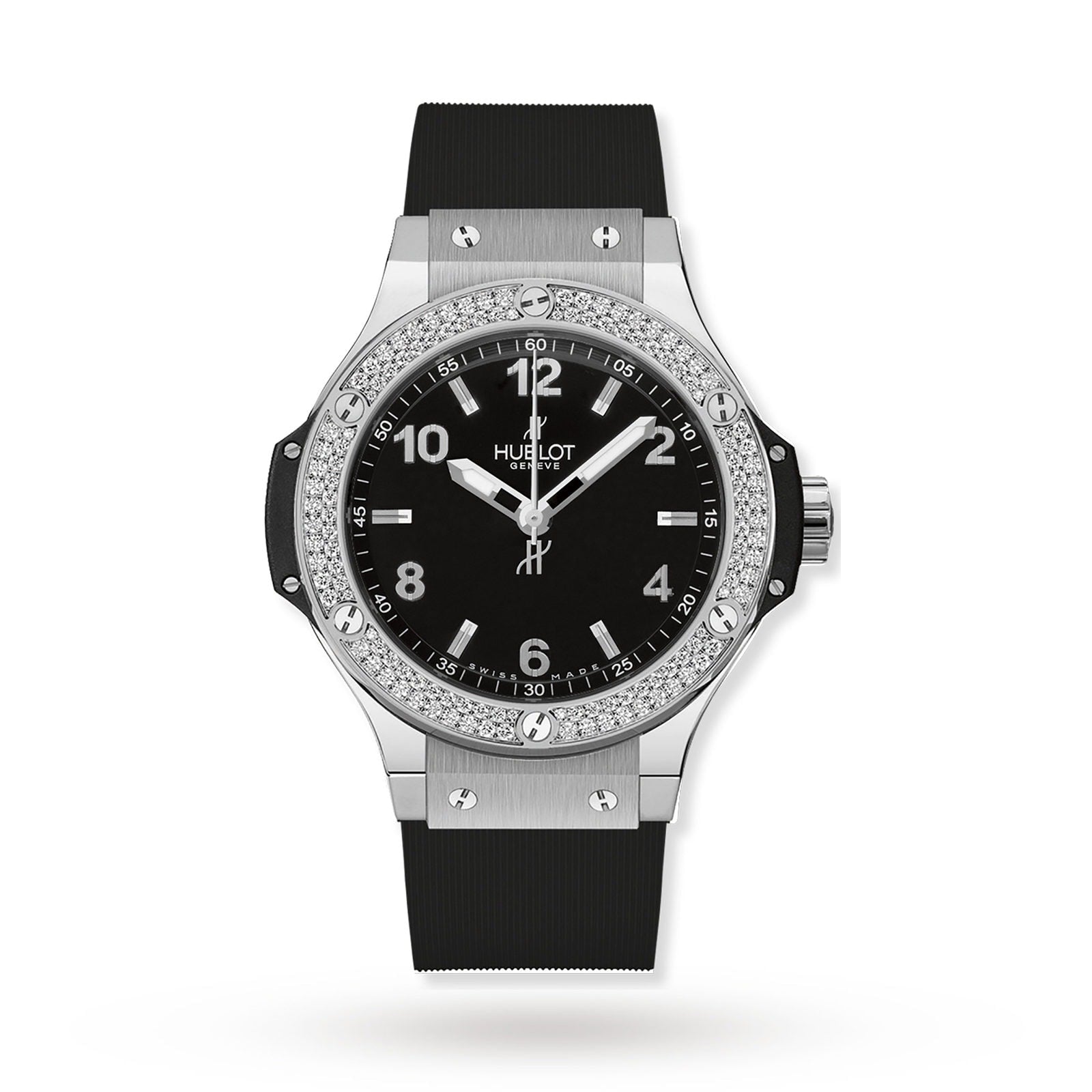 A Hublot Big Bang Steel Diamonds wristwatch featuring a diamond-studded bezel, stainless steel case, black dial with white hour markers, and a black rubber strap, shown against a white background.