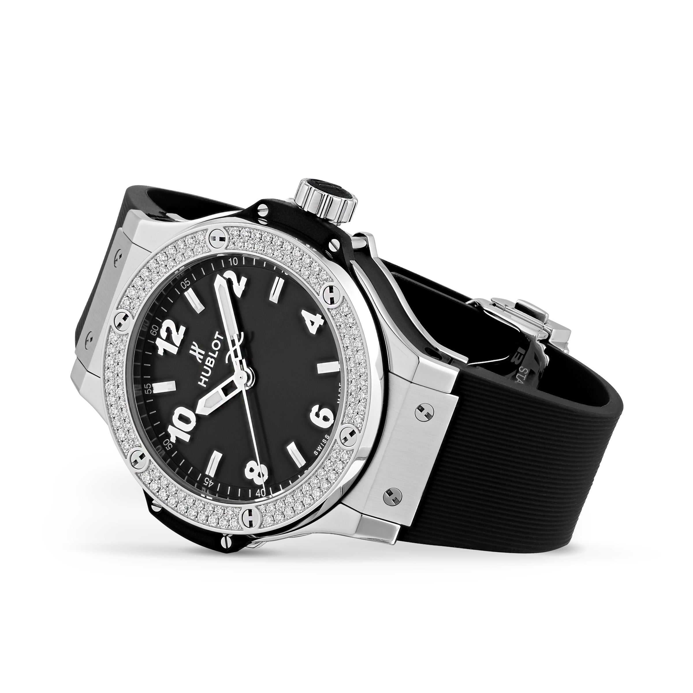 The Hublot Big Bang Steel Diamonds watch, featuring a black dial, silver hour markers, stainless steel case, diamond-encrusted bezel, and black rubber strap, is displayed on a white background.