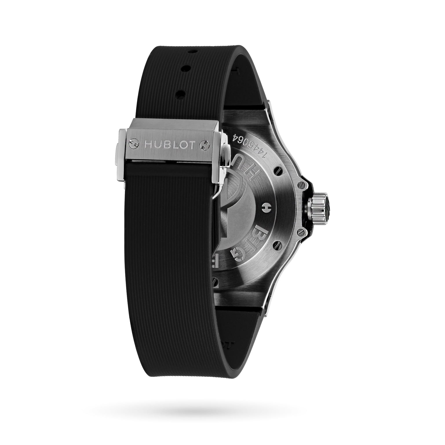 Back view of a Hublot Big Bang Steel Diamonds watch featuring a black rubber strap, stainless steel case back, and branded clasp, shown on a white background.