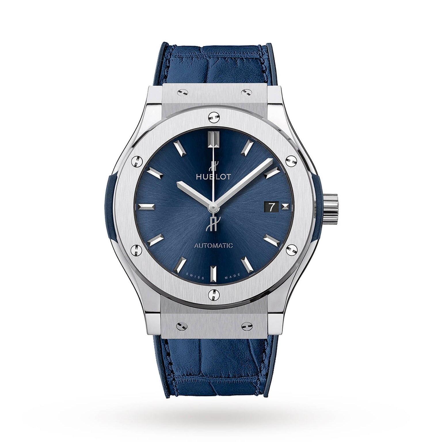 The Hublot Classic Fusion Titanium Blue features a blue sunray dial with silver markers, date display, and a blue leather strap in a titanium case, shown on a white background.
