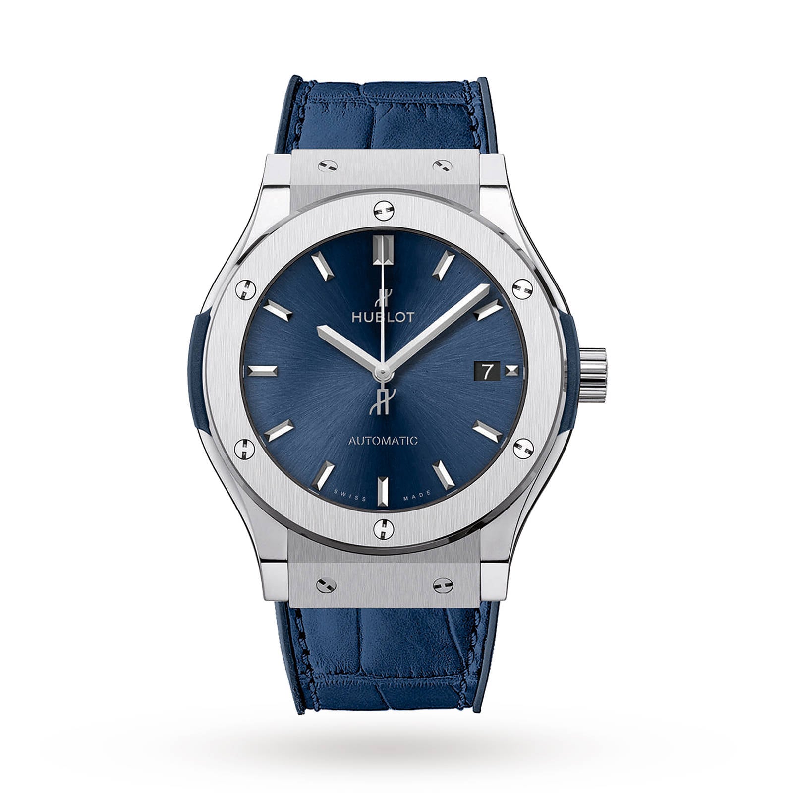 The Hublot Classic Fusion Titanium Blue features a blue sunray dial with silver markers, date display, and a blue leather strap in a titanium case, shown on a white background.