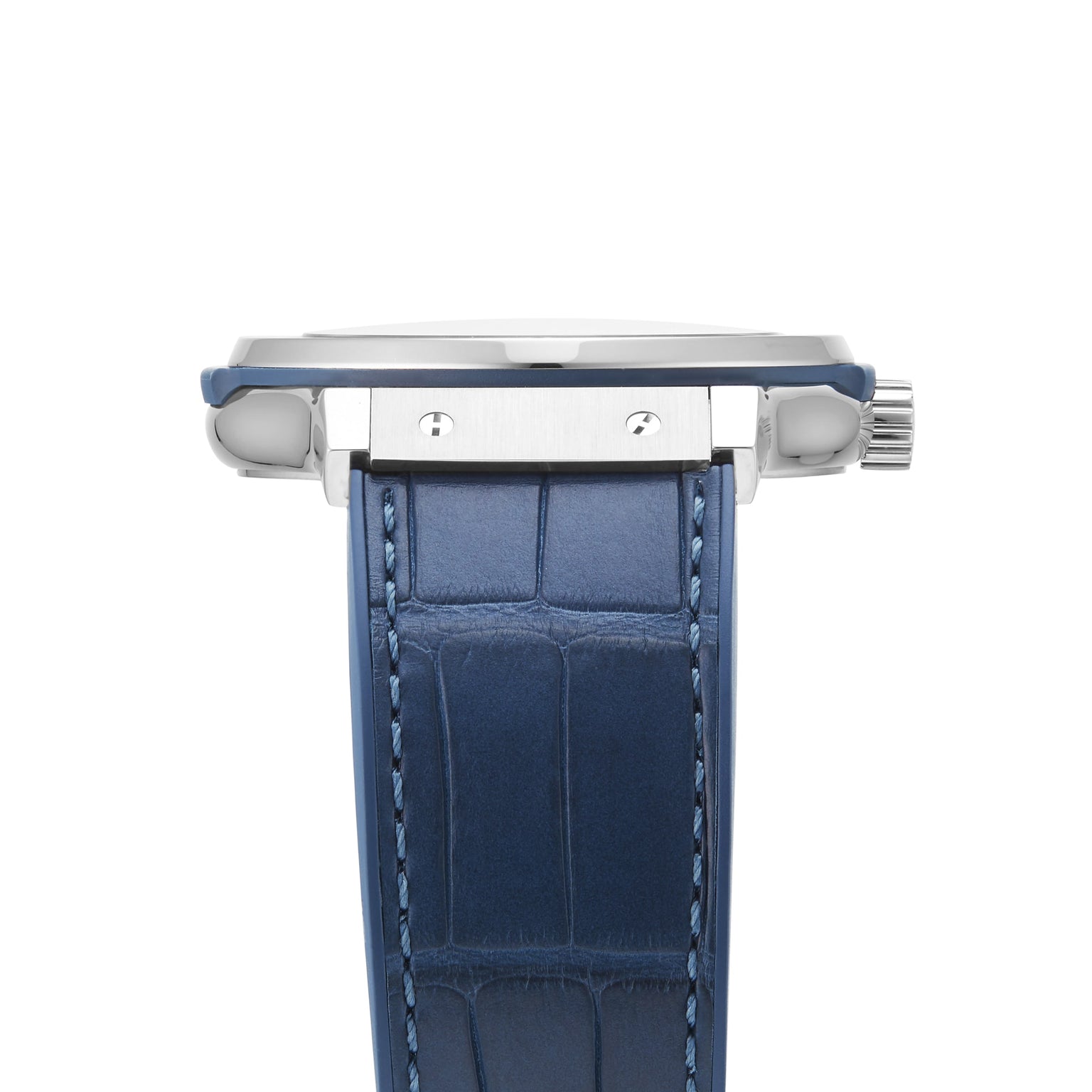 Side view of the Hublot Classic Fusion Titanium Blue wristwatch, featuring a titanium case, blue crown, and blue leather strap with visible stitching and a crocodile pattern.