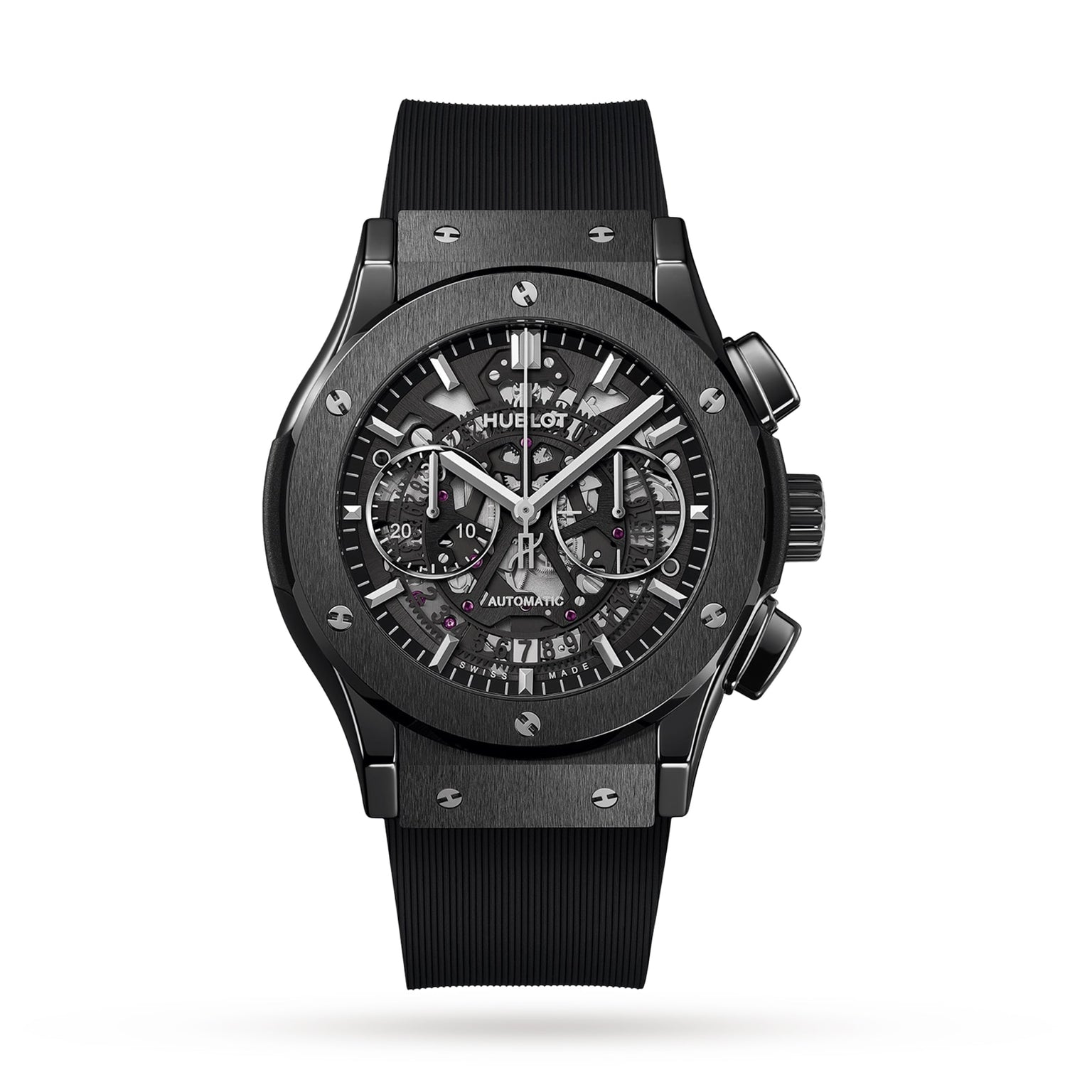 The Hublot Classic Fusion Aerofusion Black Magic is a black chronograph with a skeleton dial, visible gears, silver accents, and a black rubber strap set in sleek high-tech ceramic.