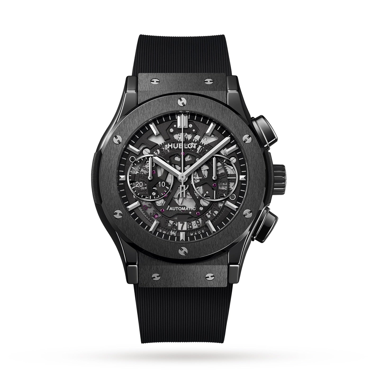 The Hublot Classic Fusion Aerofusion Black Magic is a black chronograph with a skeleton dial, visible gears, silver accents, and a black rubber strap set in sleek high-tech ceramic.