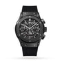 The Hublot Classic Fusion Aerofusion Black Magic is a black chronograph with a skeleton dial, visible gears, silver accents, and a black rubber strap set in sleek high-tech ceramic.