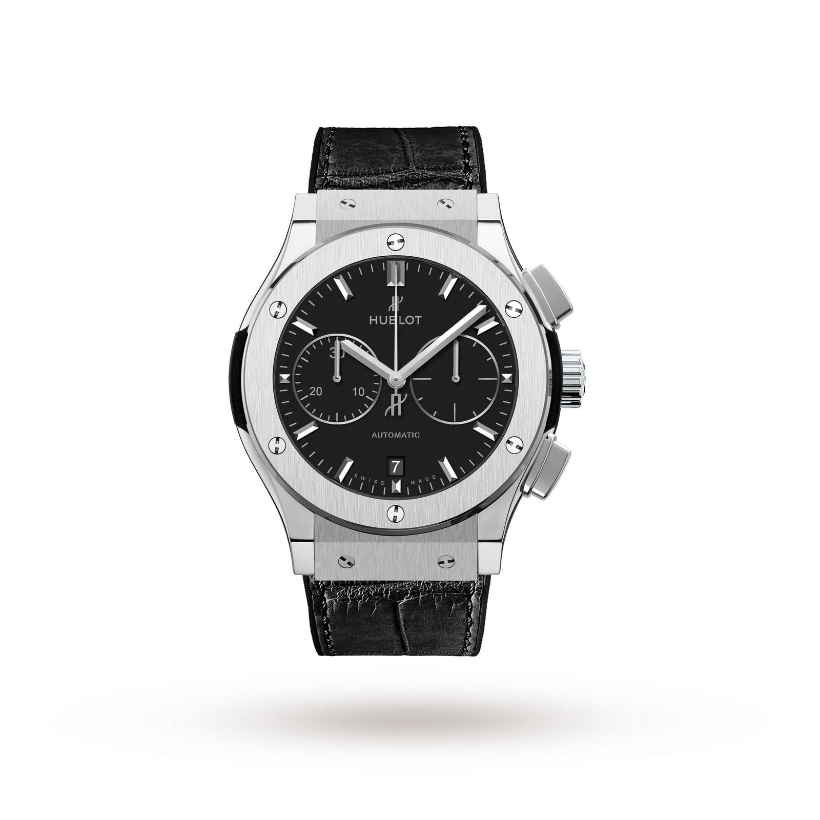 The Hublot Classic Fusion Chronograph Titanium wristwatch features a black dial with three subdials, date display, silver hour markers, self-winding movement, titanium case, and a black leather strap, shown against a white background.