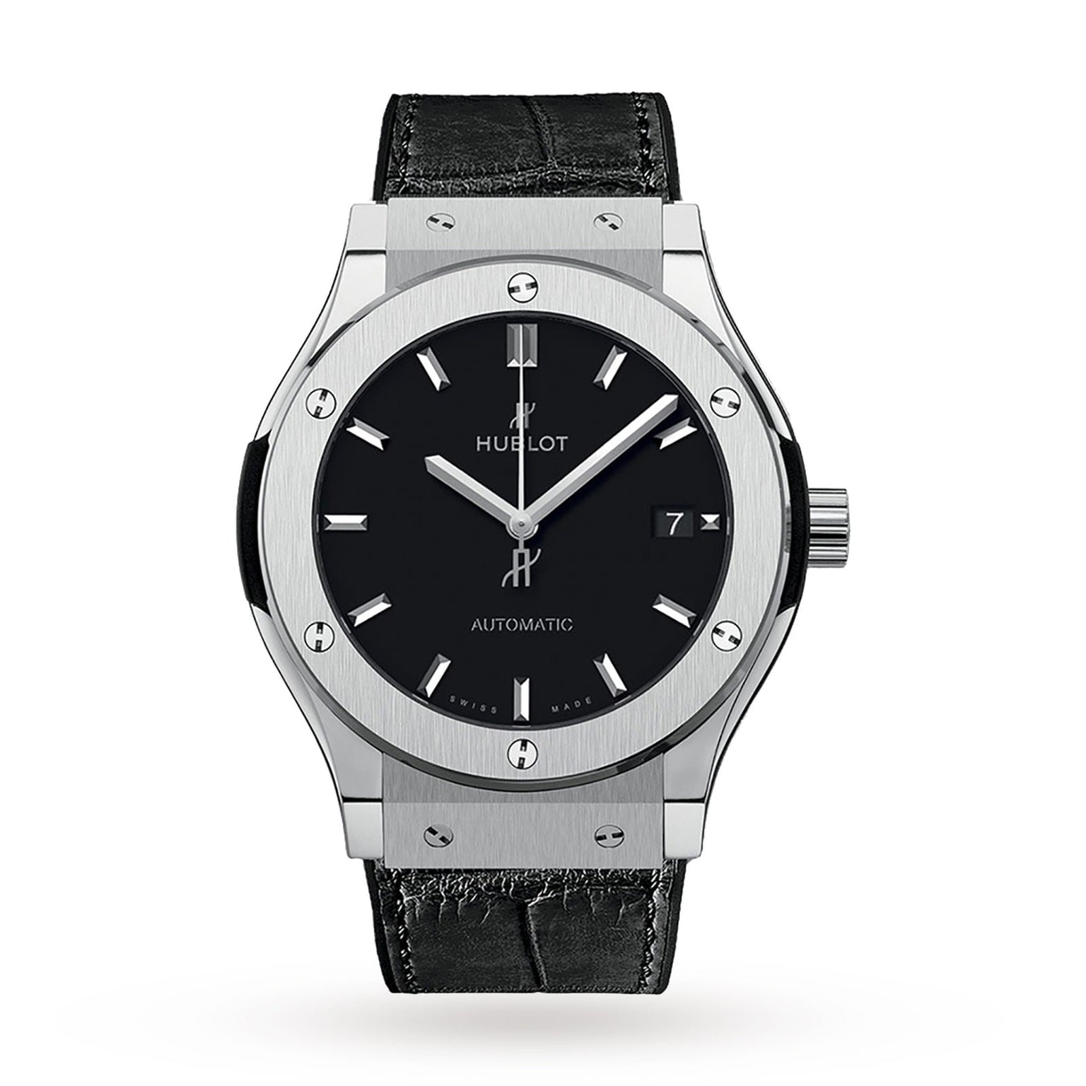 The Hublot Classic Fusion Titanium wristwatch features a black dial, silver indices, date at 3 oclock, titanium case, and black leather strap, shown against a white background.