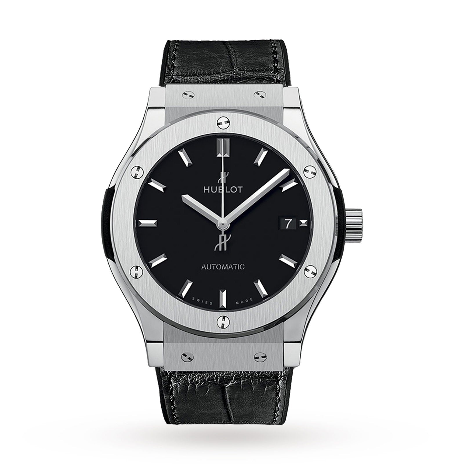 The Hublot Classic Fusion Titanium wristwatch features a black dial, silver indices, date at 3 oclock, titanium case, and black leather strap, shown against a white background.