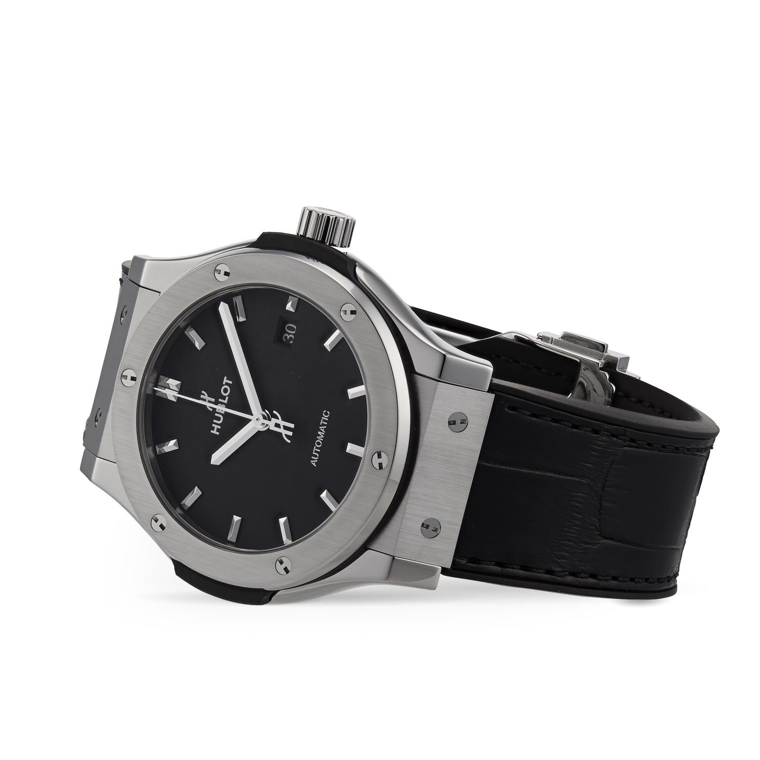 A Hublot Classic Fusion Titanium wristwatch with a black dial, silver hour markers, and a black leather strap with automatic movement, shown at an angle on a white background.