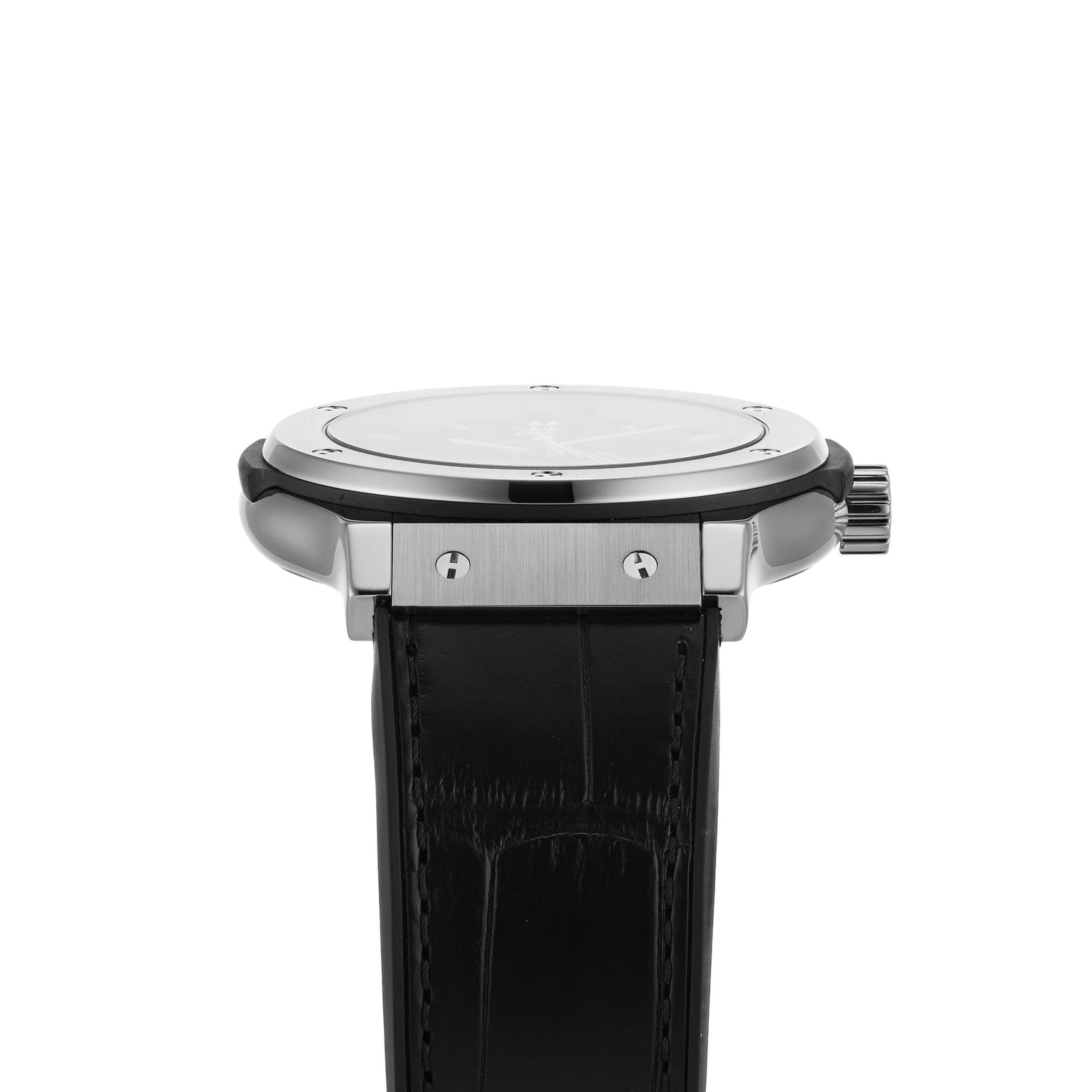 Side view of the Hublot Classic Fusion Titanium, featuring a round titanium case, black leather strap, and visible crown with screws on the lugs.