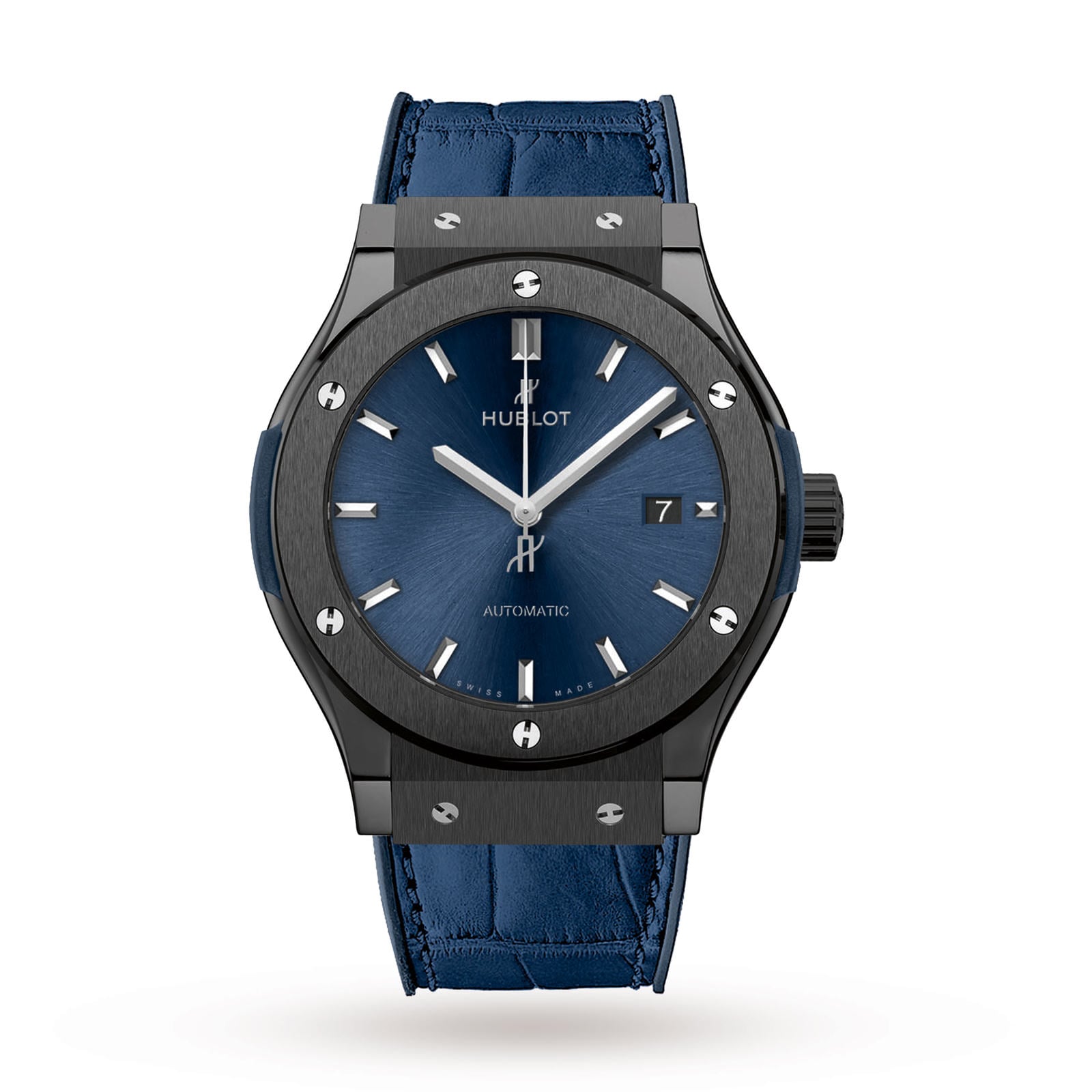 The Hublot Classic Fusion Ceramic Blue features a blue dial, silver markers, black ceramic bezel with screws, date display, blue leather strap, and HUB1112 automatic movement.