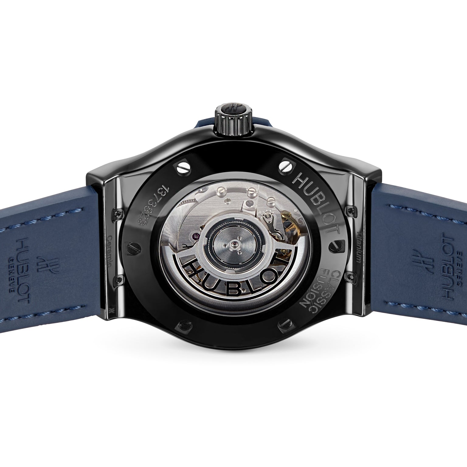 Back view of the Hublot Classic Fusion Ceramic Blue, featuring a black ceramic case, blue leather straps, and a transparent case back revealing the automatic HUB1112 movement with Hublot branding.