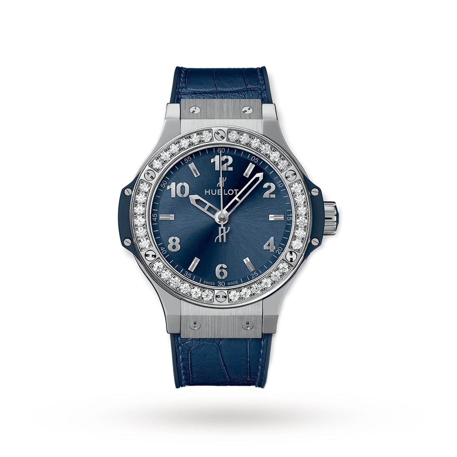 The Hublot Big Bang Steel Blue Diamonds watch features a silver case, blue leather strap, blue sunray dial, silver hour markers, and a stainless steel bezel adorned with 36 diamonds, displayed against a plain white background.
