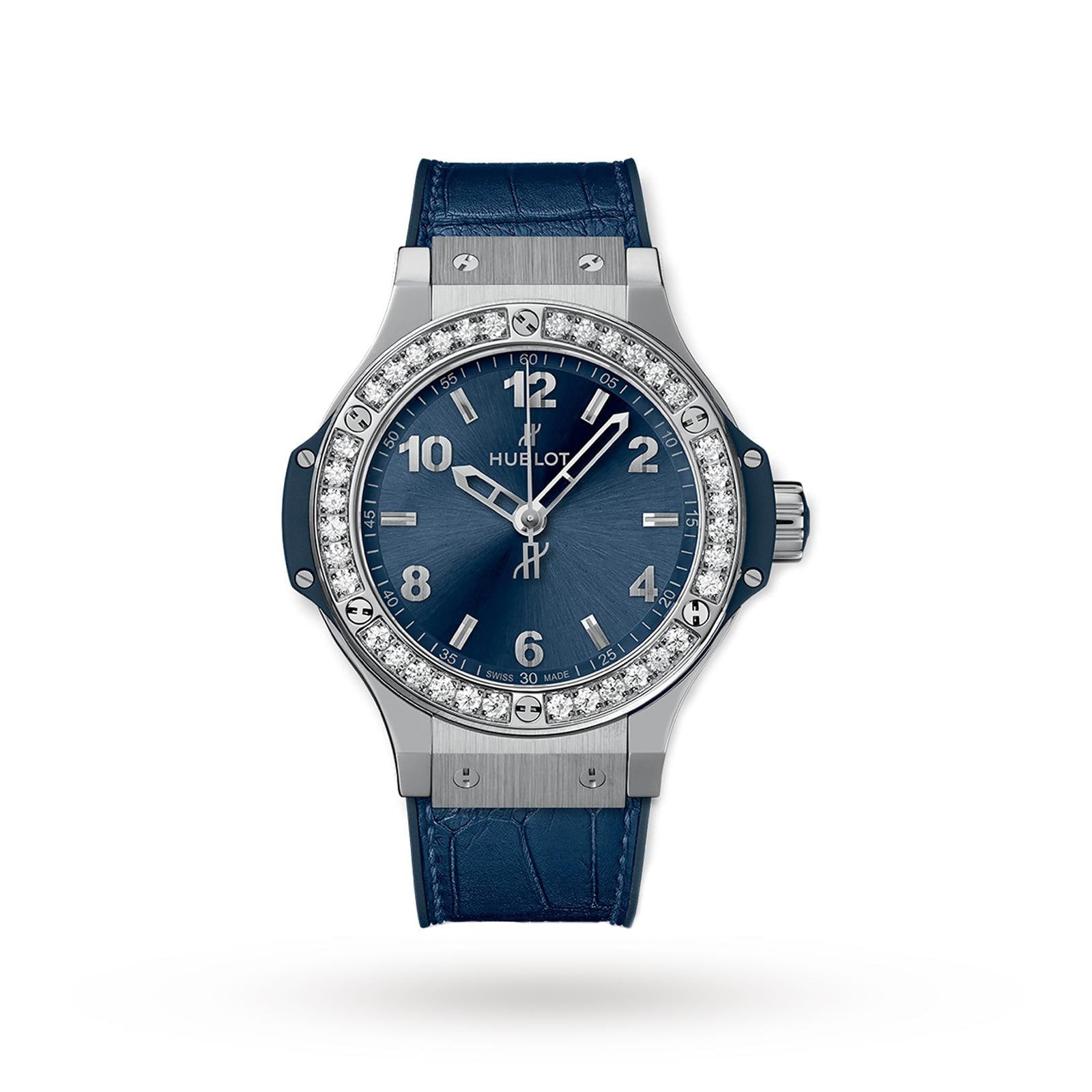 The Hublot Big Bang Steel Blue Diamonds watch features a silver case, blue leather strap, blue sunray dial, silver hour markers, and a stainless steel bezel adorned with 36 diamonds, displayed against a plain white background.