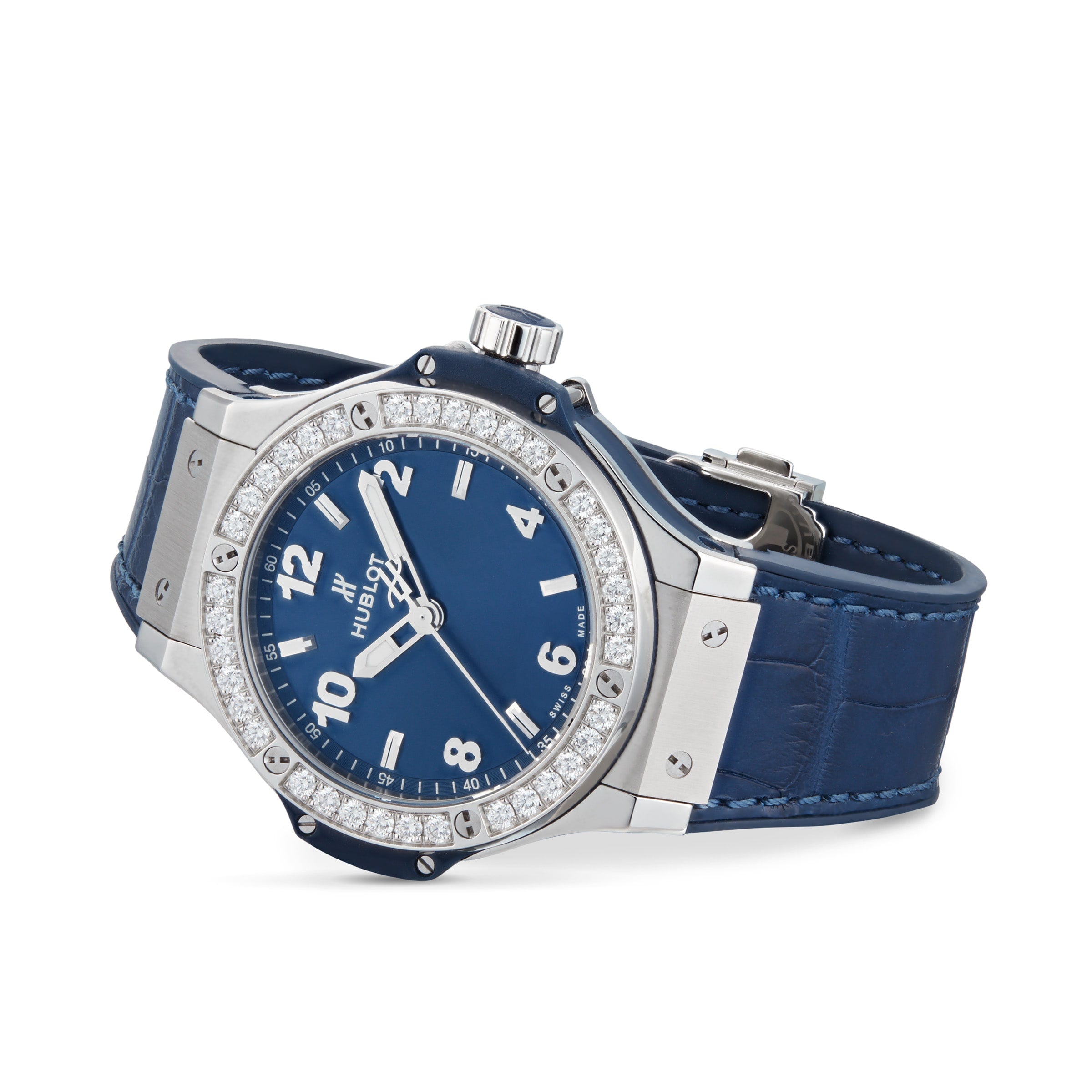 The Hublot Big Bang Steel Blue Diamonds wristwatch features a blue sunray dial, silver case, stainless steel bezel set with 36 diamonds, and a blue leather strap, displayed at an angle on a white background.
