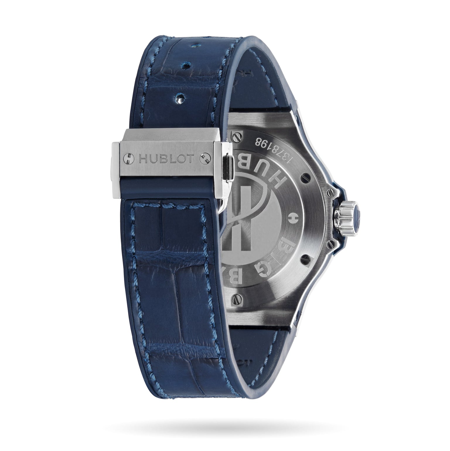 A close-up of the Hublot Big Bang Steel Blue Diamonds watch shows its blue leather strap, stainless steel bezel, and a silver clasp engraved with the Hublot name.