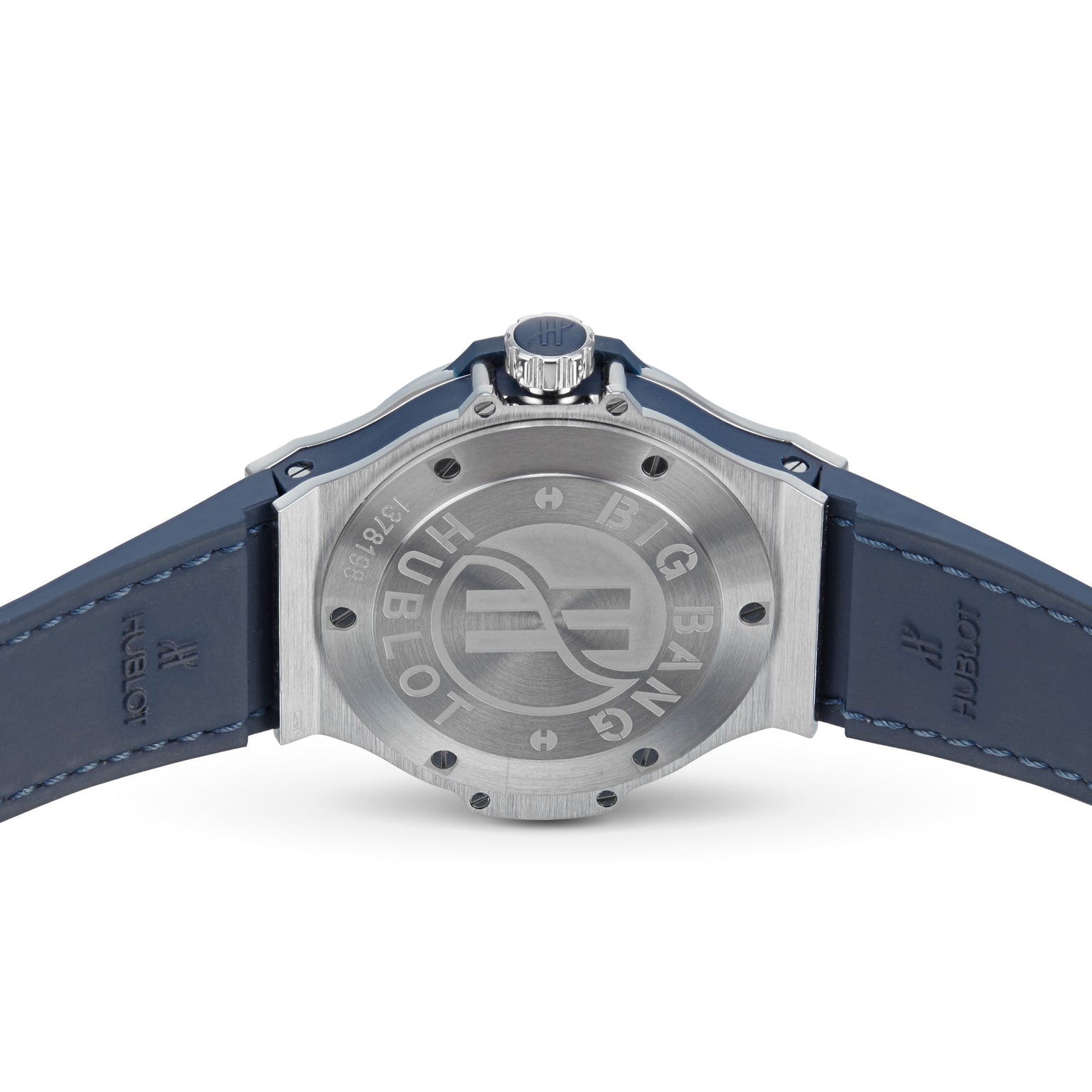 Back view of the Hublot Big Bang Steel Blue Diamonds watch, showing a stainless steel bezel, engraved logo, and blue leather strap with visible stitching.