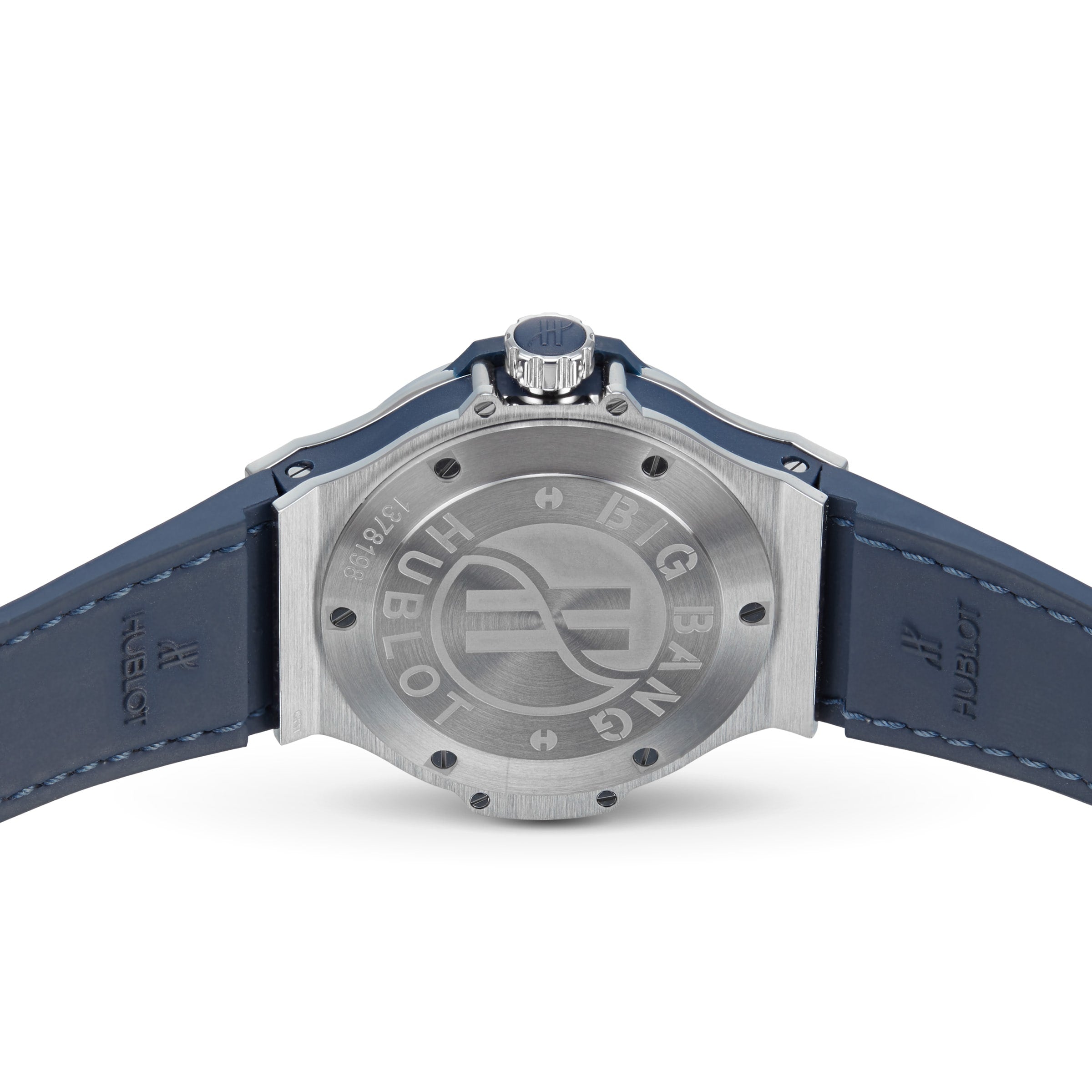Back view of the Hublot Big Bang Steel Blue Diamonds watch, showing a stainless steel bezel, engraved logo, and blue leather strap with visible stitching.