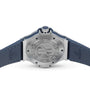 Back view of the Hublot Big Bang Steel Blue Diamonds watch, showing a stainless steel bezel, engraved logo, and blue leather strap with visible stitching.