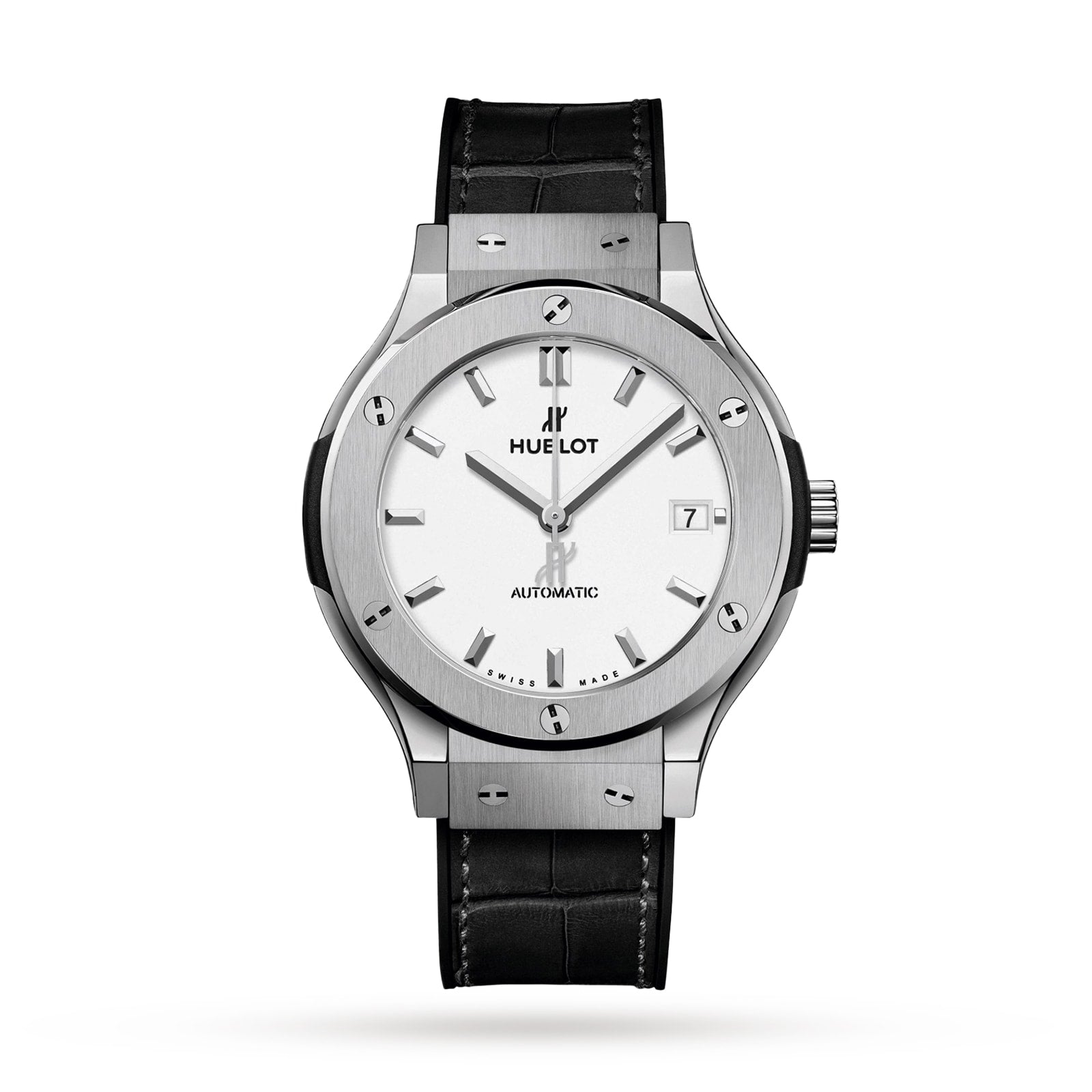The Hublot Classic Fusion Titanium Opalin features a white dial, silver hour markers, date at 3 o’clock, and a black leather strap—exemplifying modern luxury on a white background.