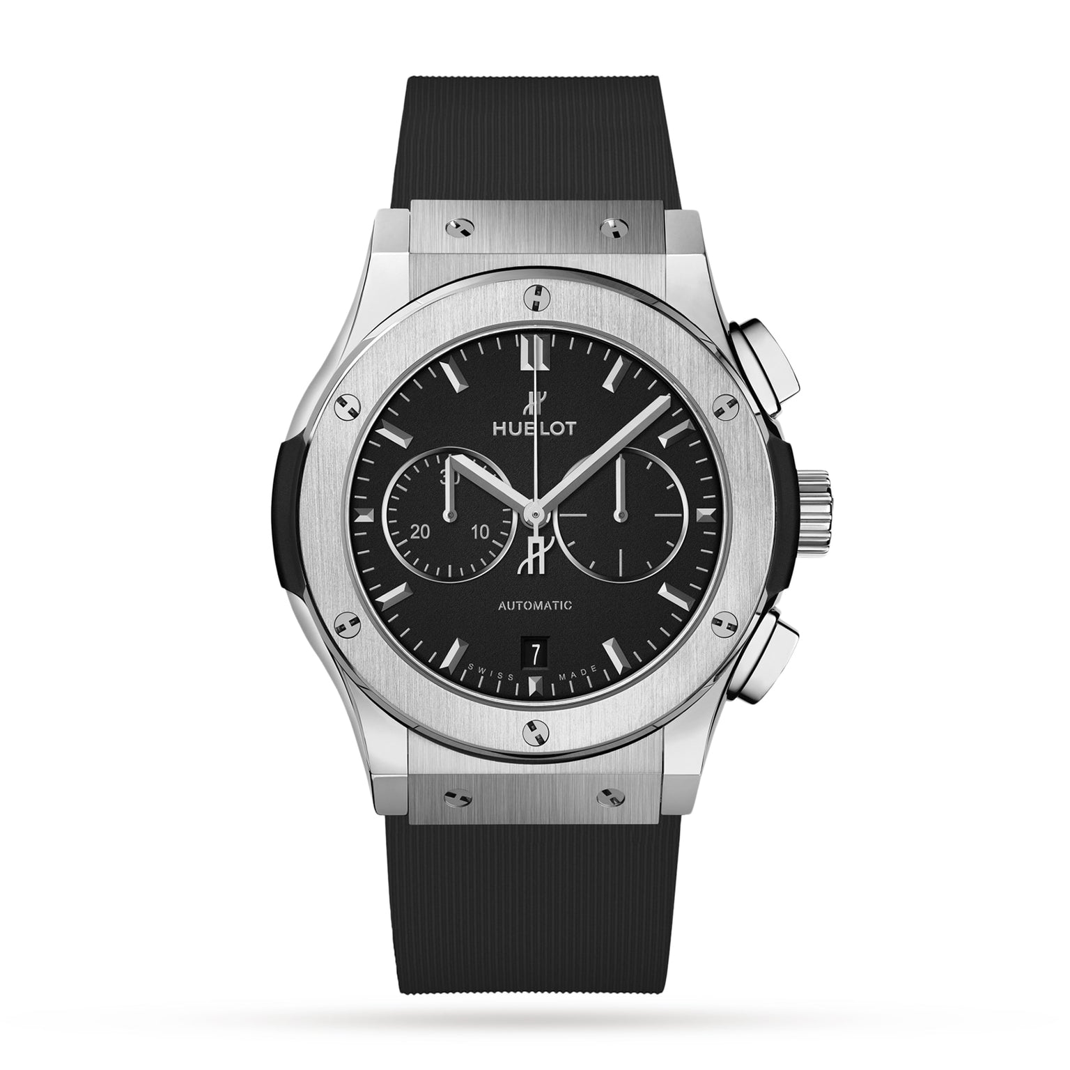 The Hublot Classic Fusion Chronograph Titanium features a titanium case, black dial with three subdials, date at 6 o’clock, and black rubber strap; powered by an automatic chronograph movement.
