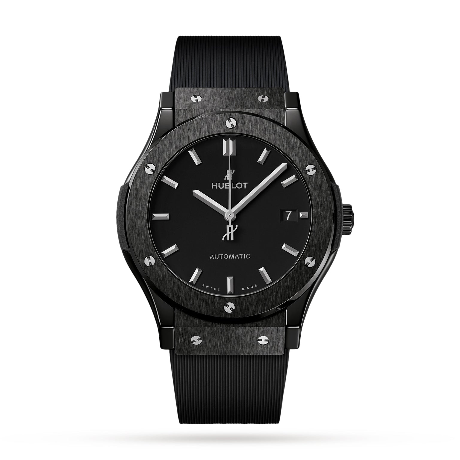 A Hublot Classic Fusion Black Magic automatic wristwatch with a black ceramic case, black dial, silver hour markers, date display, and black ribbed strap is photographed on a white background.