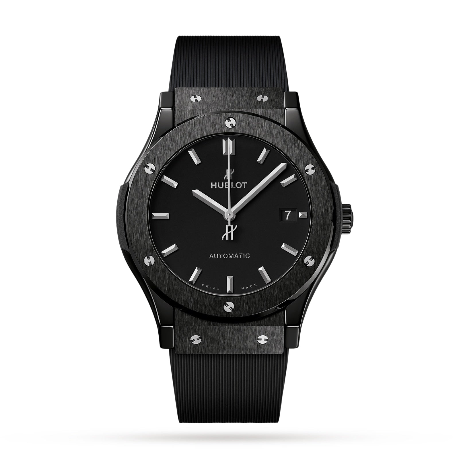 A Hublot Classic Fusion Black Magic automatic wristwatch with a black ceramic case, black dial, silver hour markers, date display, and black ribbed strap is photographed on a white background.