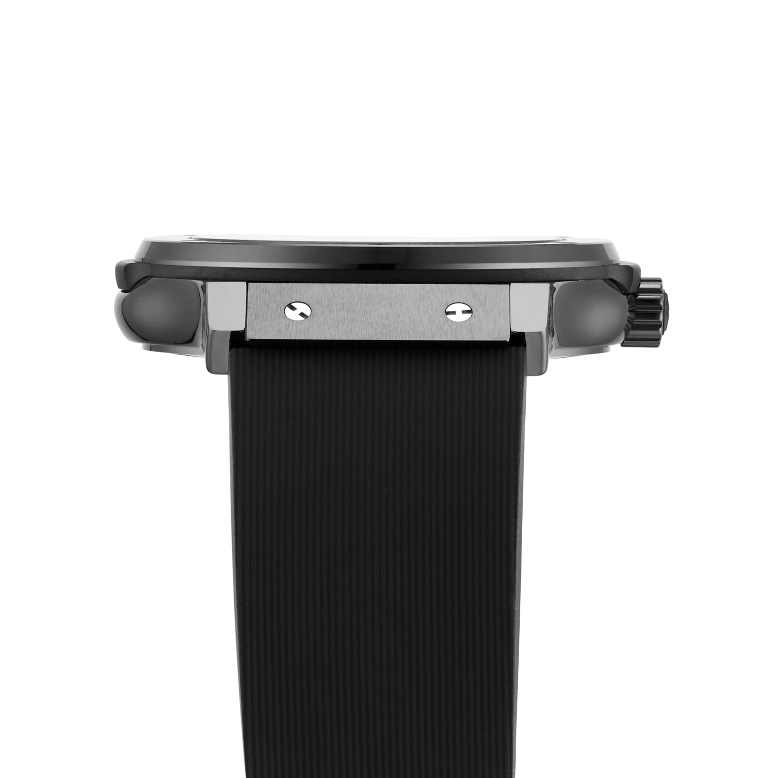 Side view of the Hublot Classic Fusion Black Magic wristwatch, showcasing a black ceramic case, silver details, black crown, and black textured strap. Powered by a precise self-winding movement.