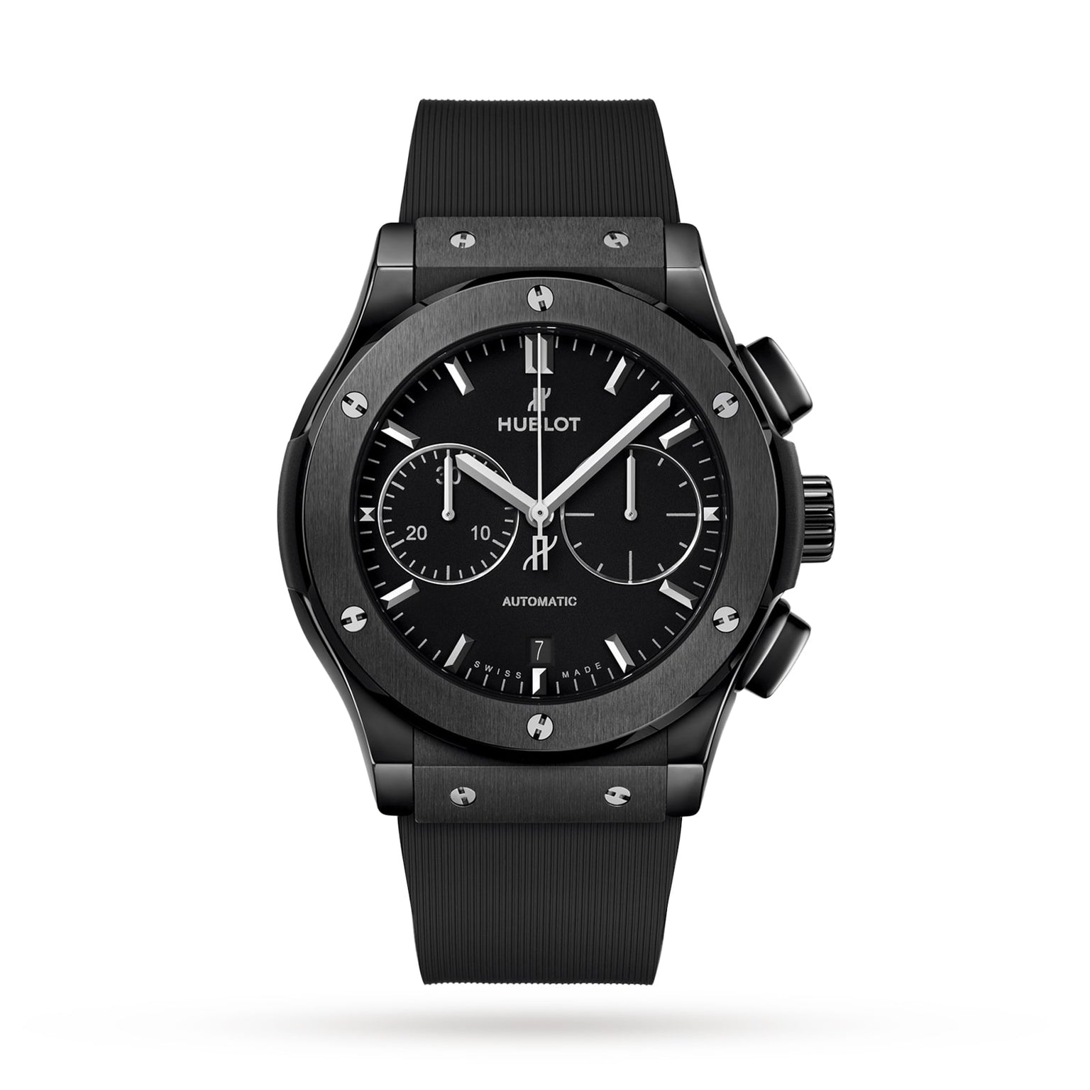 The Hublot Classic Fusion Chronograph Black Magic features a black ceramic case, black rubber strap, black dial with three subdials, date window at 6 o’clock, and silver hour markers.