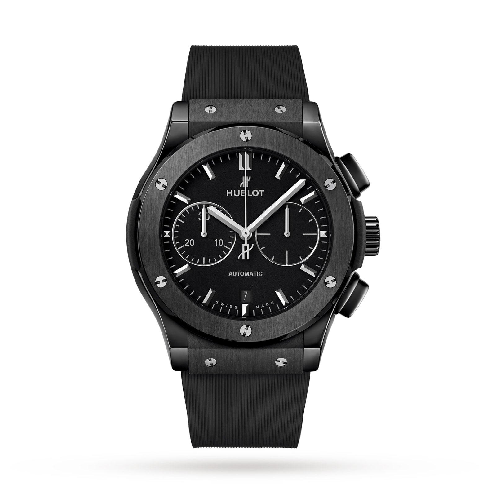 The Hublot Classic Fusion Chronograph Black Magic features a black ceramic case, black rubber strap, black dial with three subdials, date window at 6 o’clock, and silver hour markers.